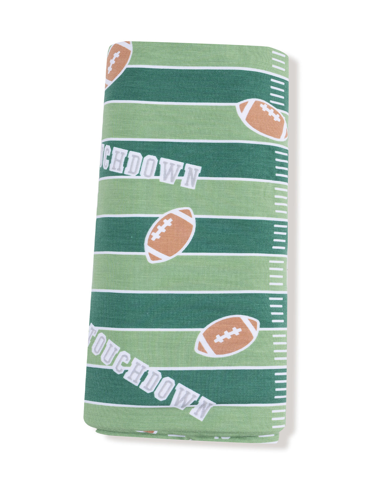 Green fabric with footballs and "Touchdown" text on a striped pattern. Ideal for sports-themed decor.