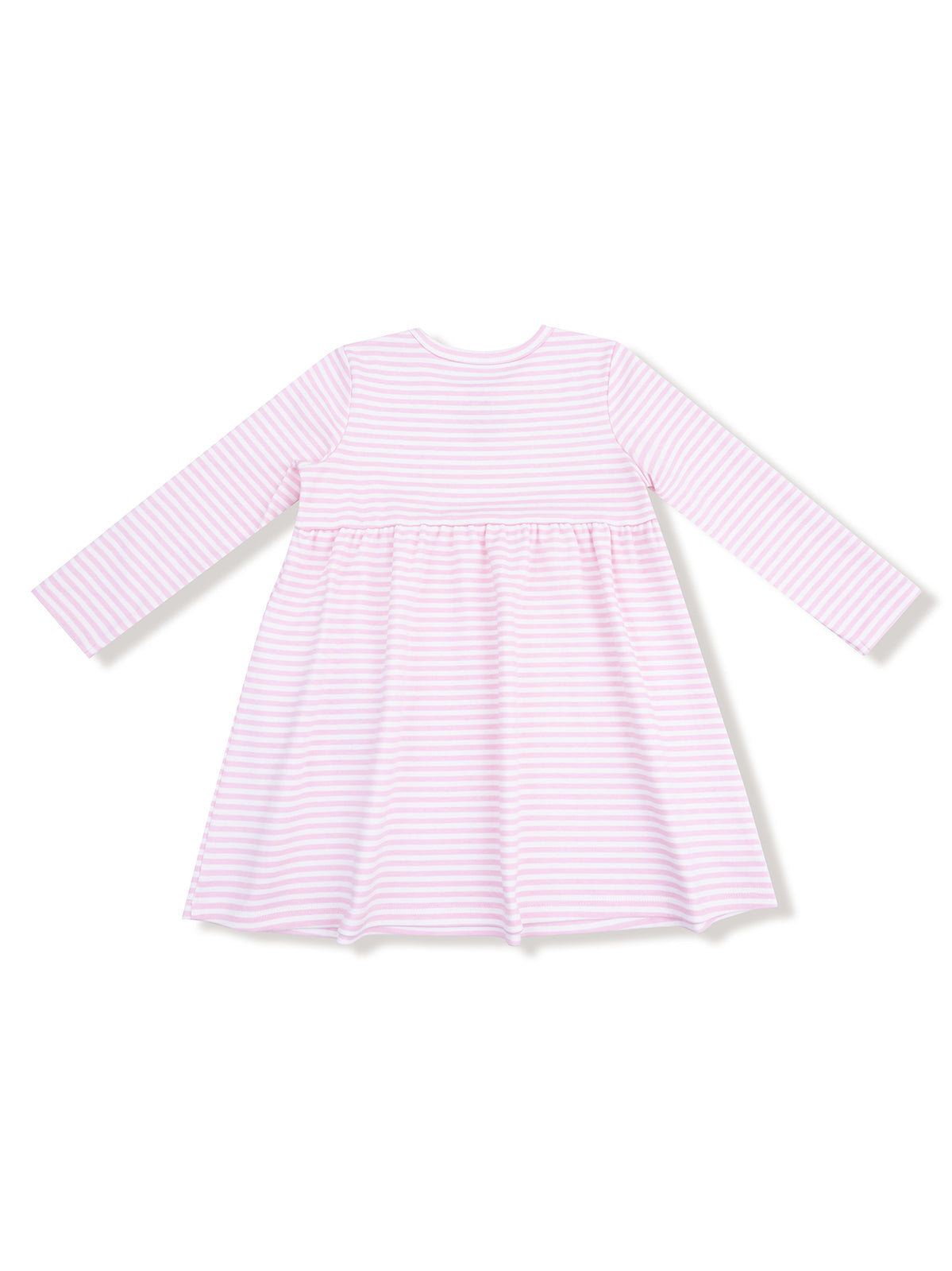 Long-sleeve pink and white striped dress, fitted bodice with a flared skirt.