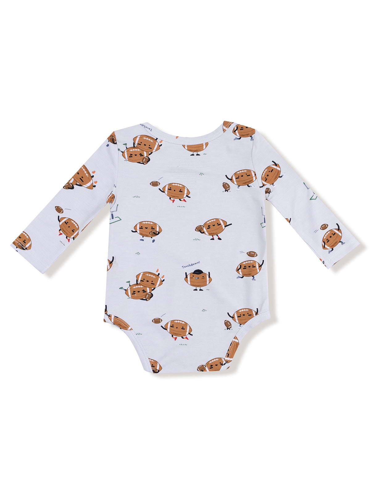 White long-sleeve onesie with cartoon football characters and playful designs.