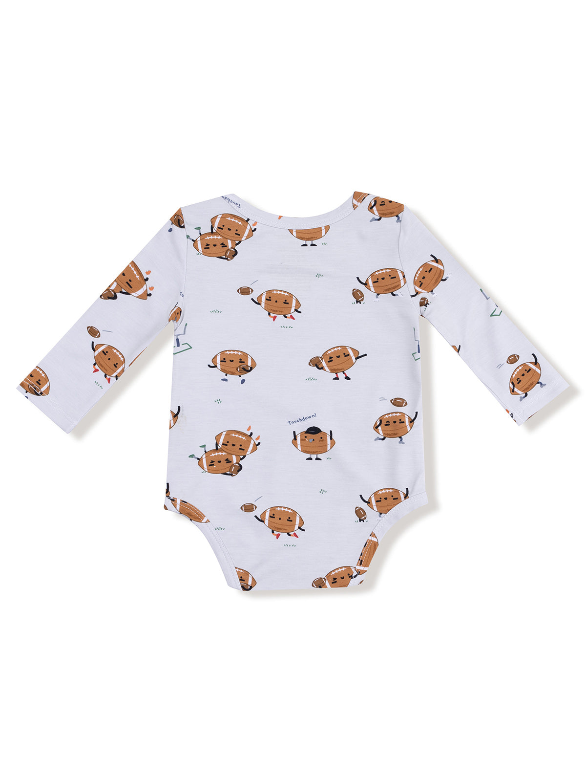 White long-sleeve onesie with cartoon football characters and playful designs.