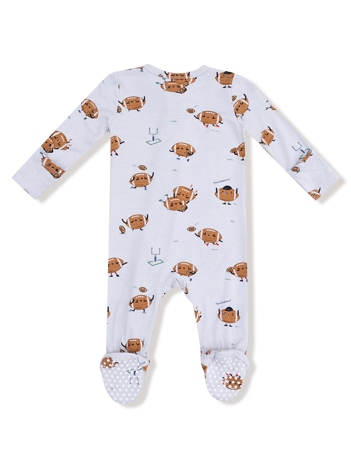 Footed baby romper with football-themed prints on a light background, featuring non-slip dots on the soles.
