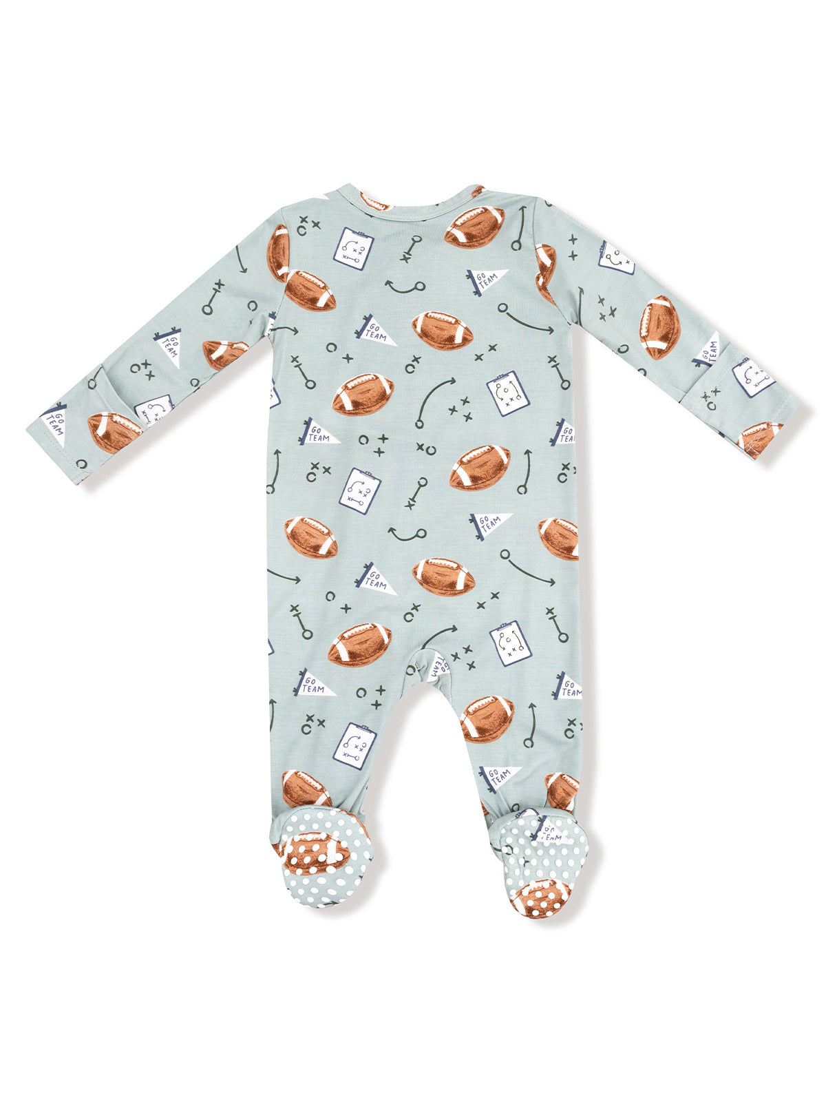 Baby onesie with football print, featuring long sleeves and polka dot feet.