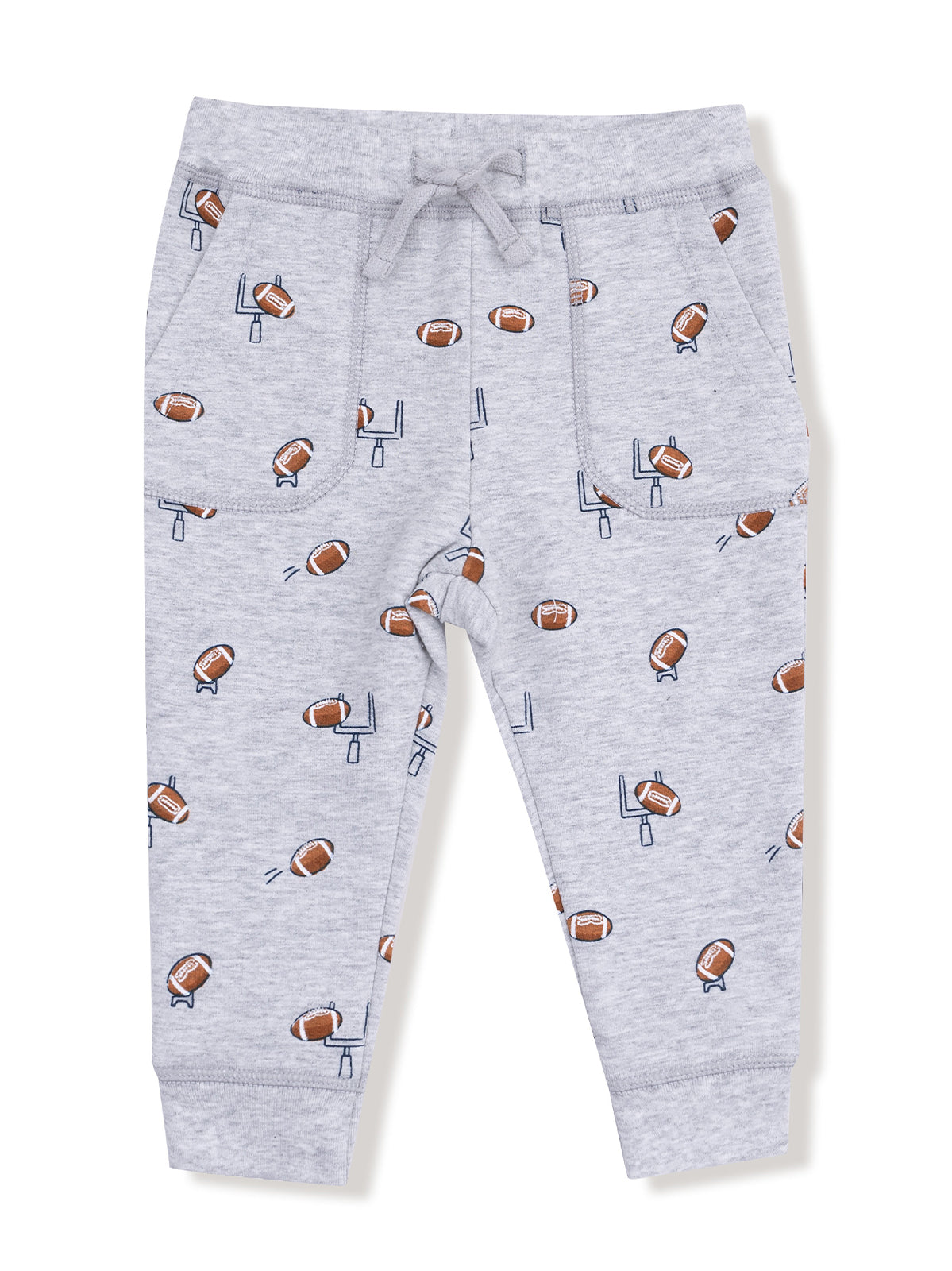 Gray sweatpants with a football print, featuring pockets and an adjustable drawstring waist.
