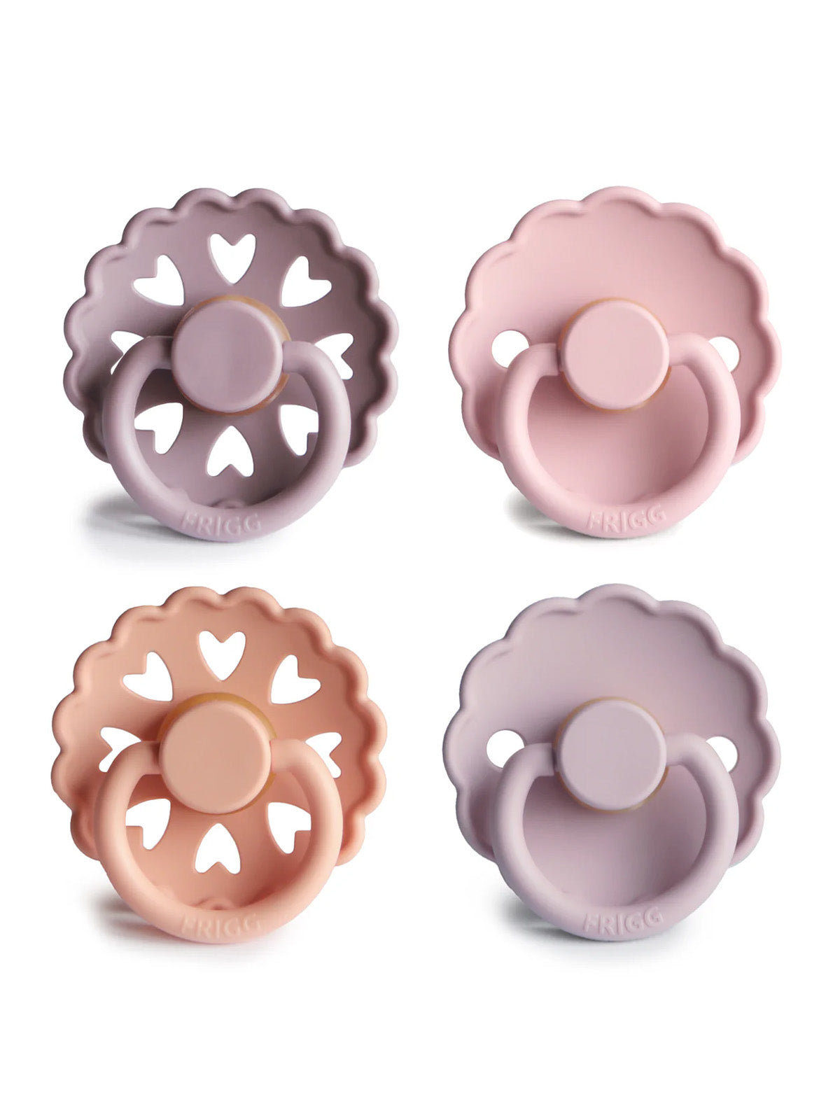 Set of four silicone baby pacifiers in soft pastel colors with floral designs and heart-shaped cutouts.