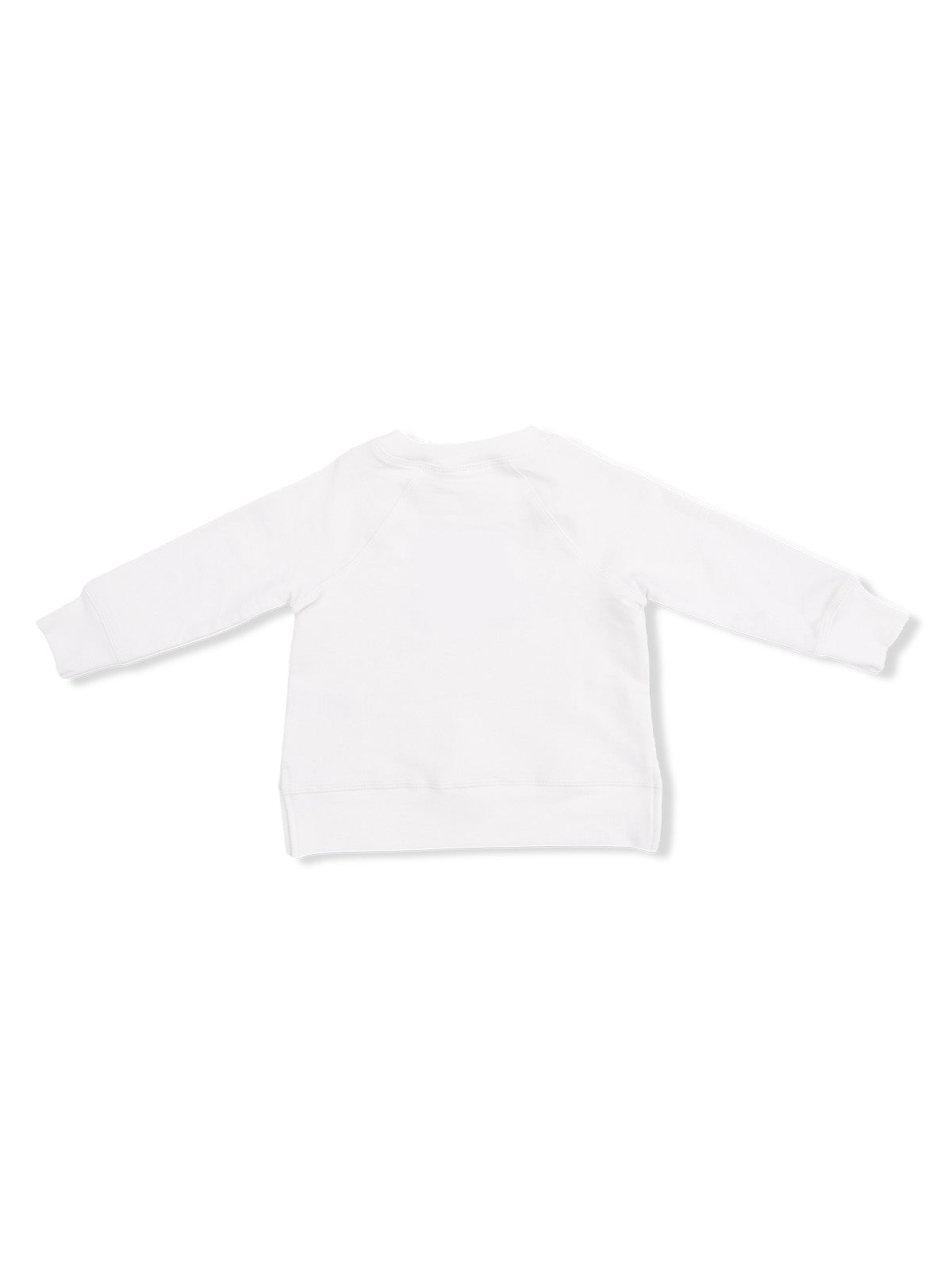 Back view of a plain white sweatshirt with long sleeves and a rounded neckline.