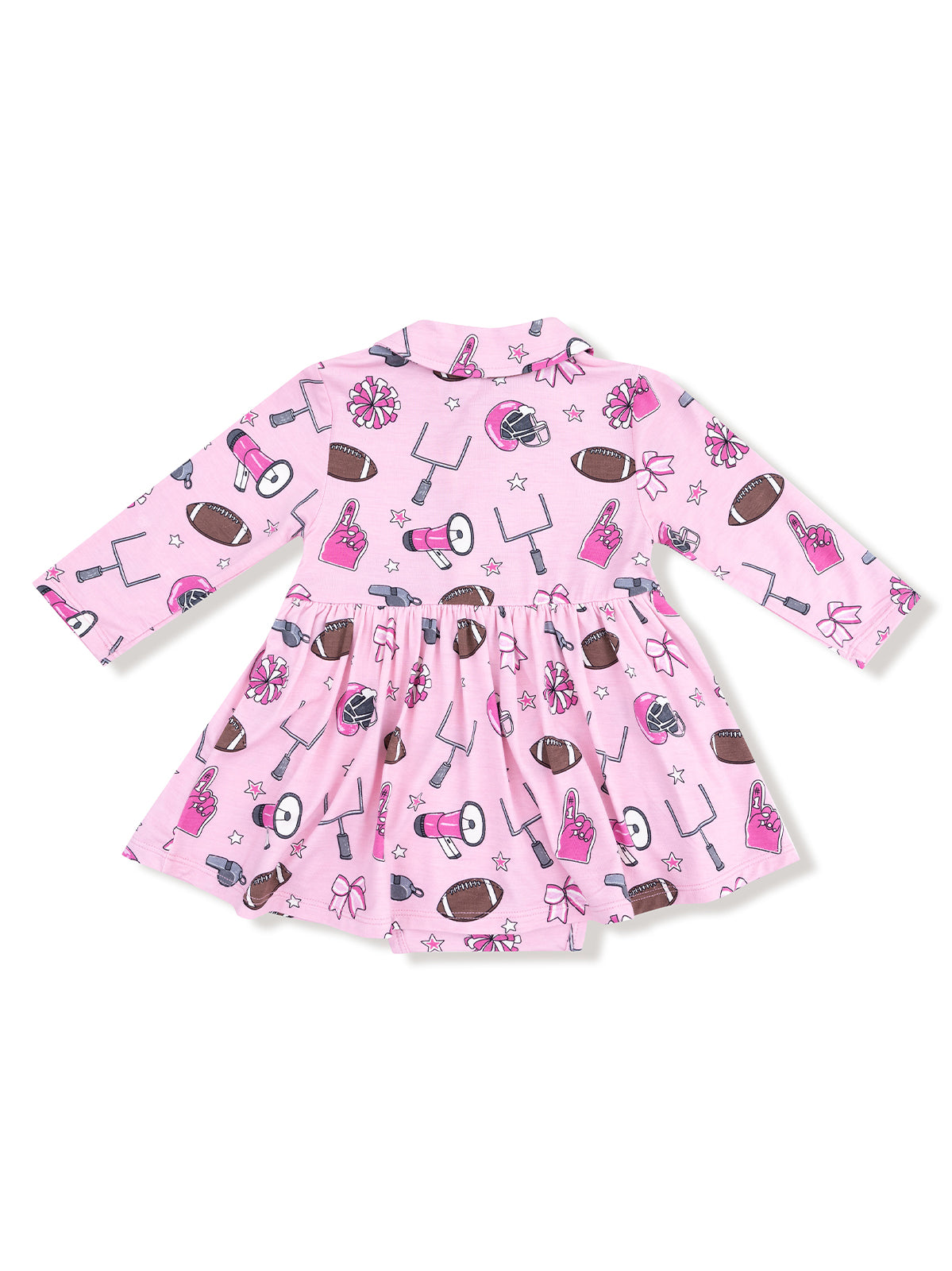 Pink dress with football and cheerleading patterns, featuring long sleeves and a flared skirt.
