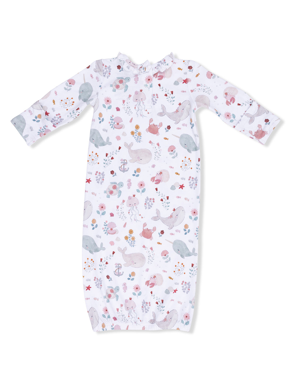 Child's gown with cute sea animal patterns and floral designs, featuring long sleeves and a gathered neckline.