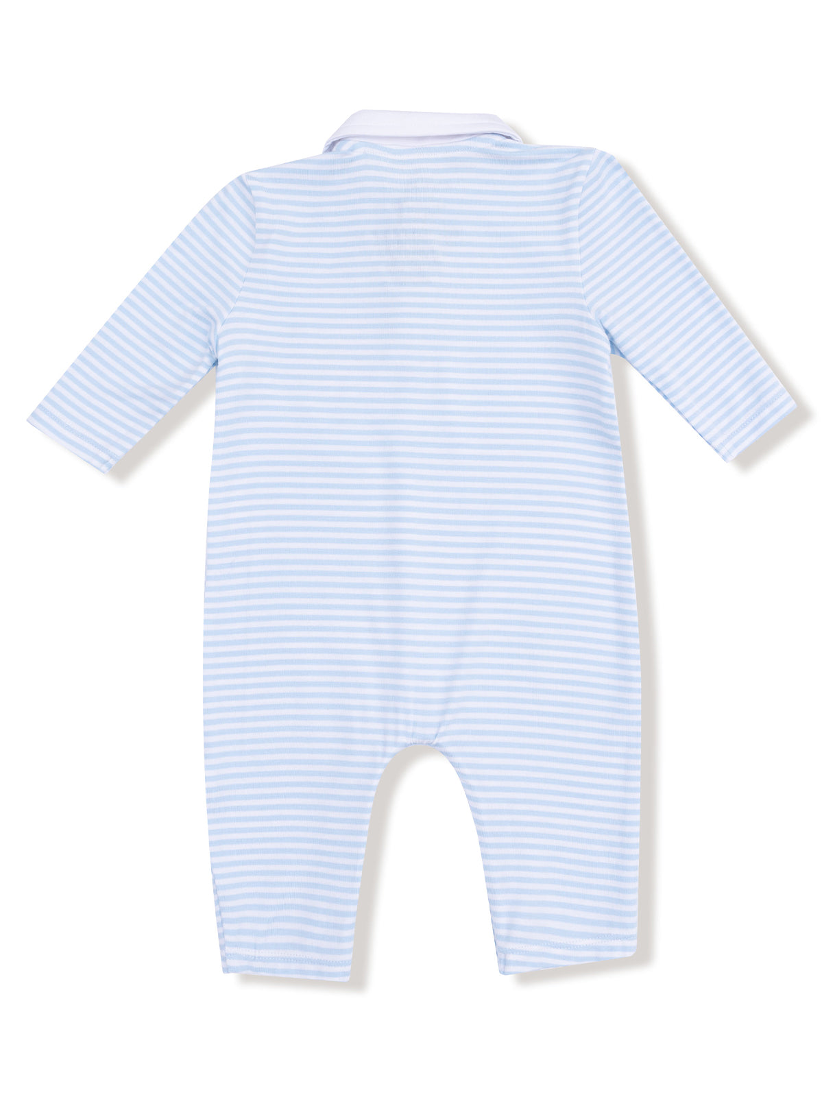 Light blue striped baby onesie with long sleeves and a collar, viewed from the back.