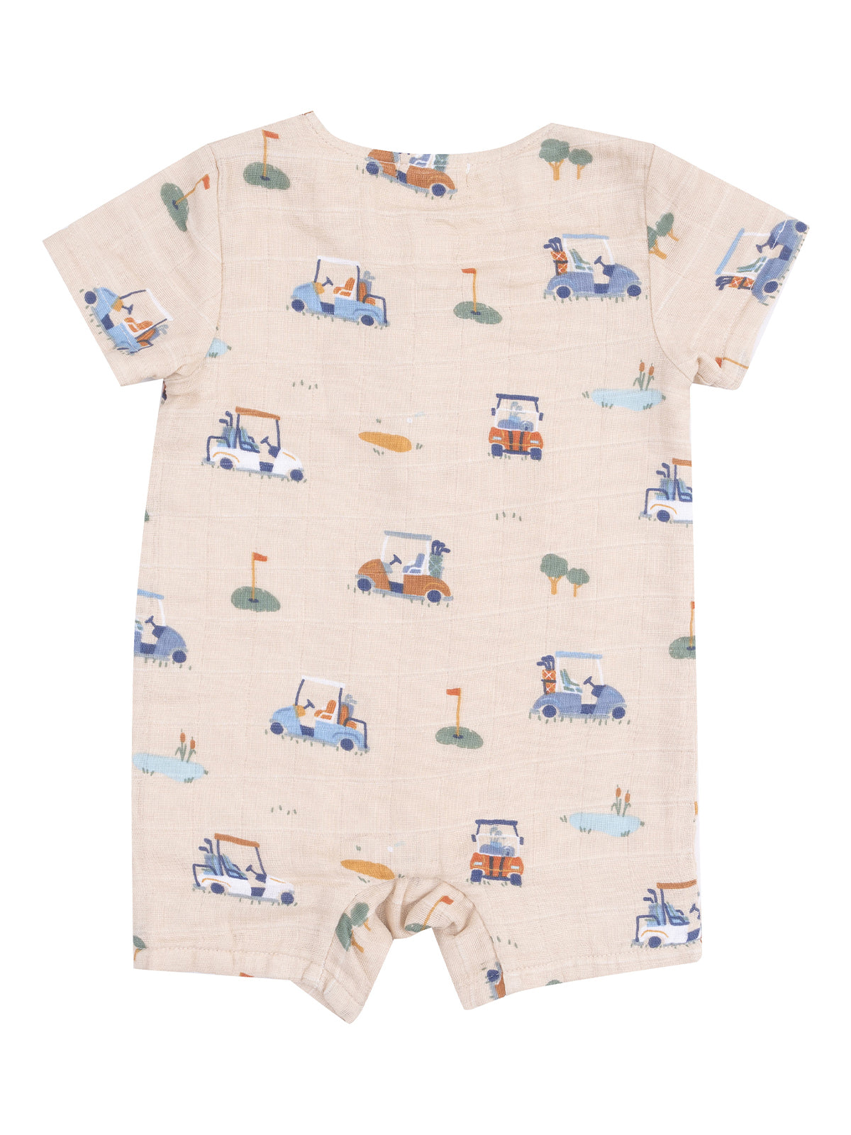 Beige baby romper with golf cart patterns, featuring playful designs of trees and golf flags.