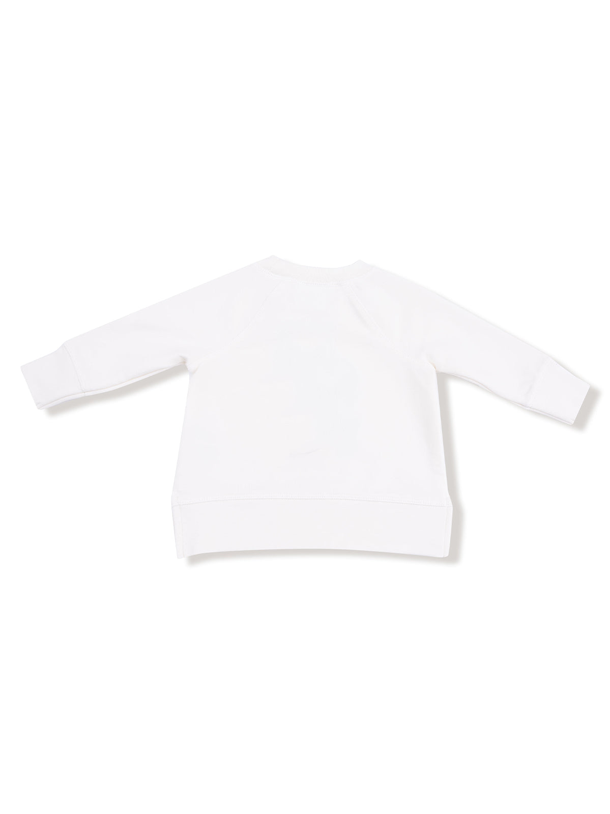 White sweatshirt, back view, featuring long sleeves and a relaxed fit. Perfect for casual wear.