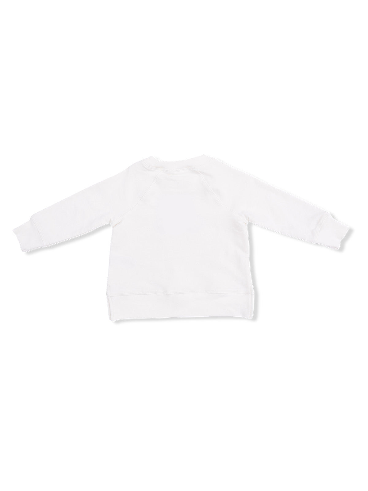 Back view of a white long-sleeve sweatshirt for children, showcasing its simple and classic design.