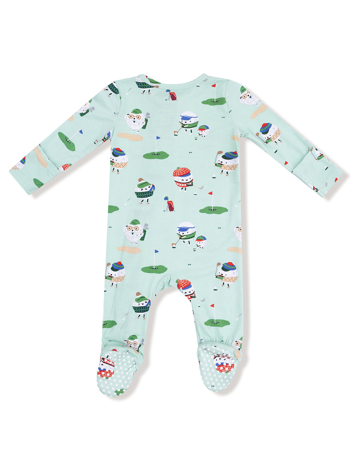 Light blue footed onesie with a playful golf-themed pattern featuring cartoon food characters.