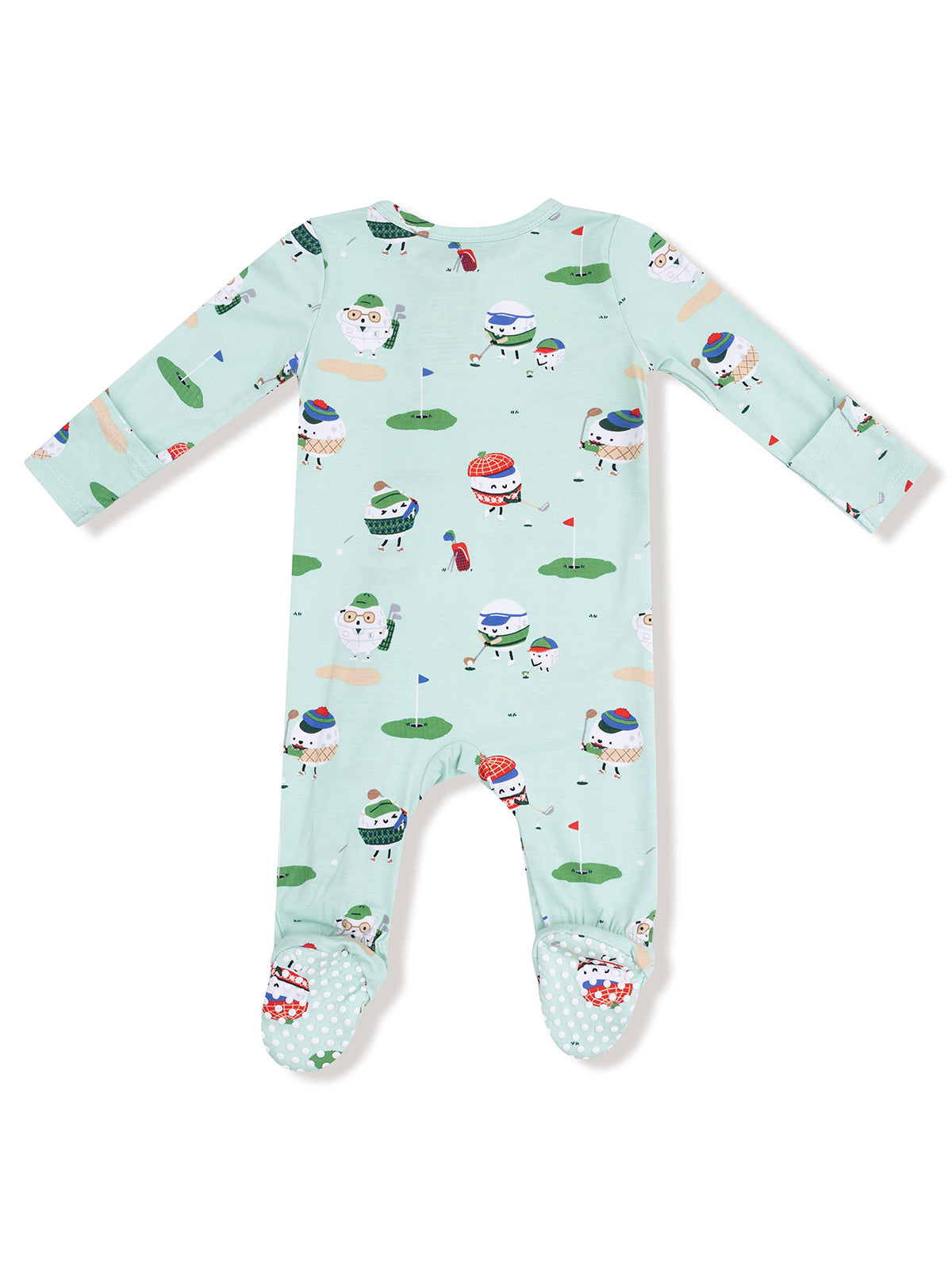 Light blue footed onesie with a playful golf-themed pattern featuring cartoon food characters.