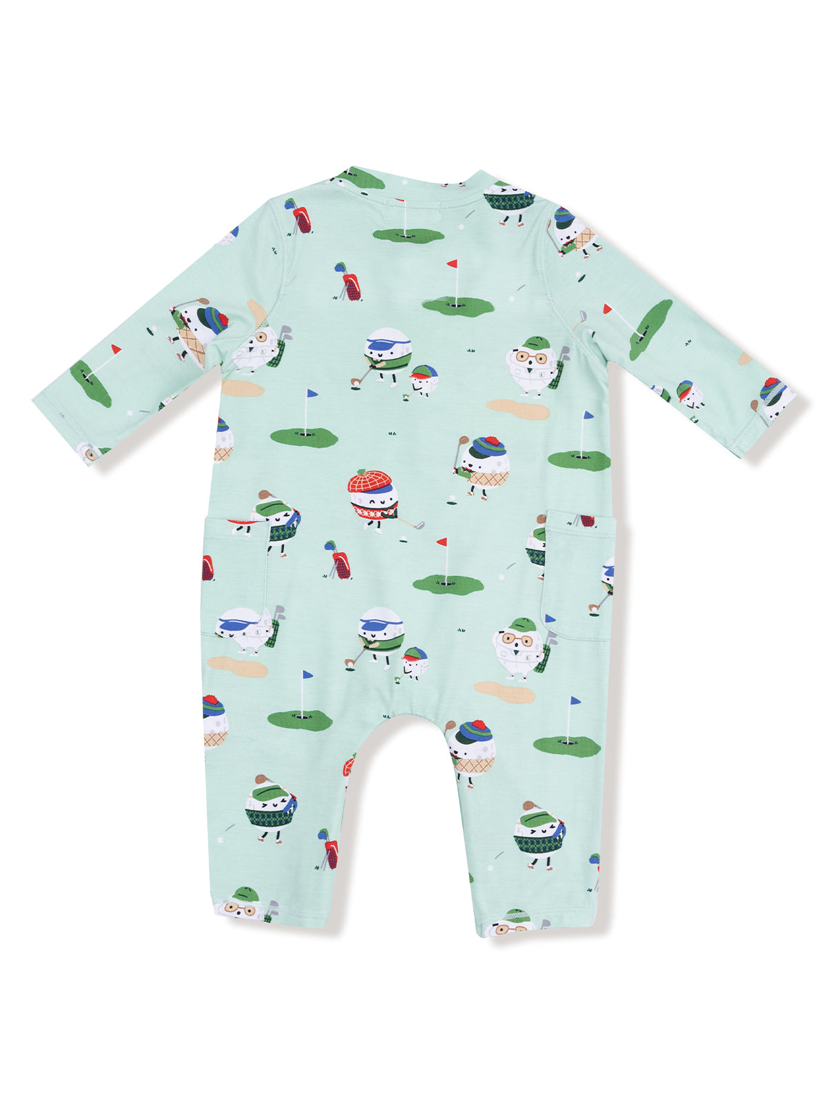 Light blue baby romper with golf-themed prints of cute characters in playful hats and golf gear.