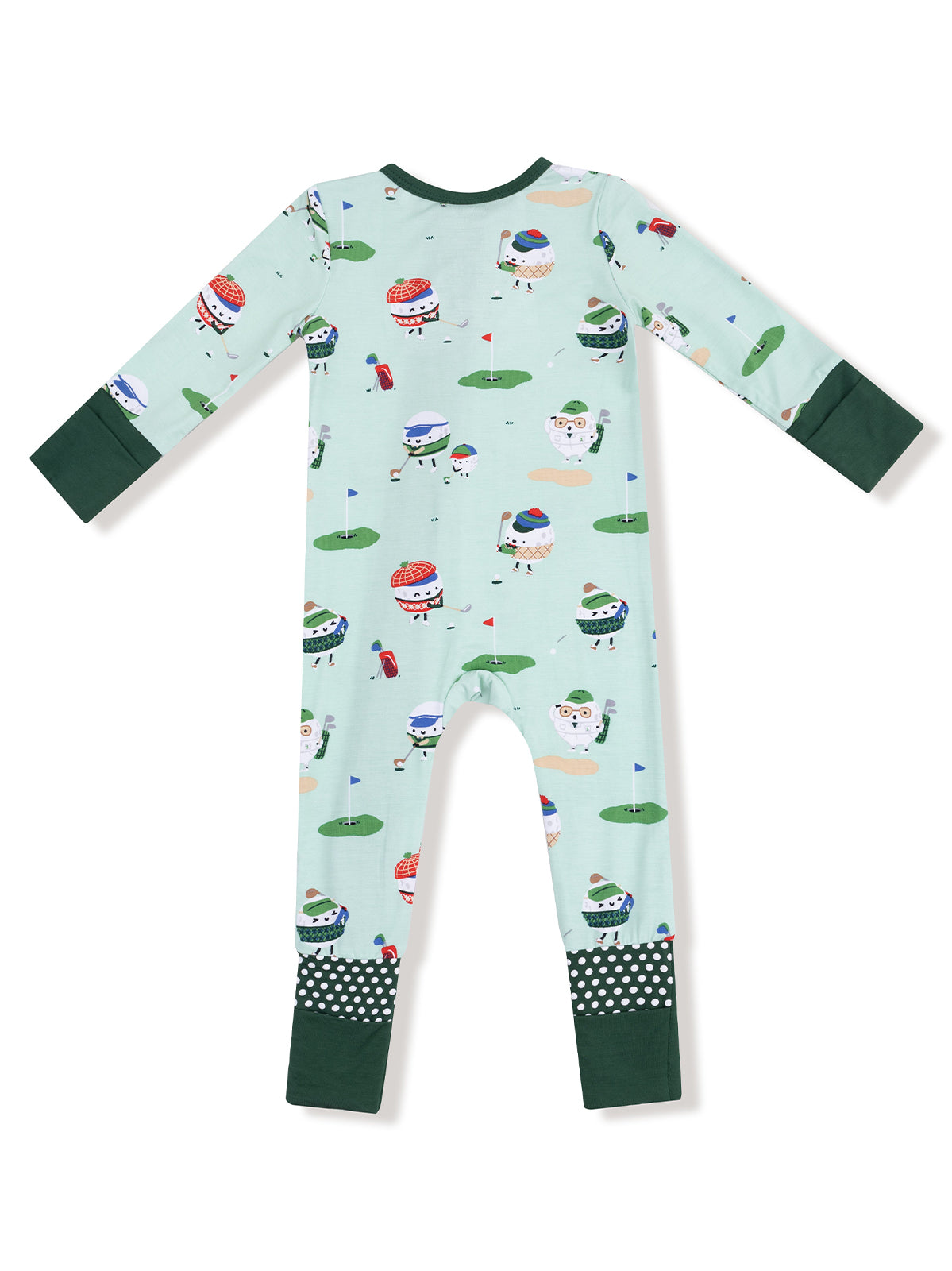 Children's lightweight pajamas featuring fun golf-themed patterns and green accents.