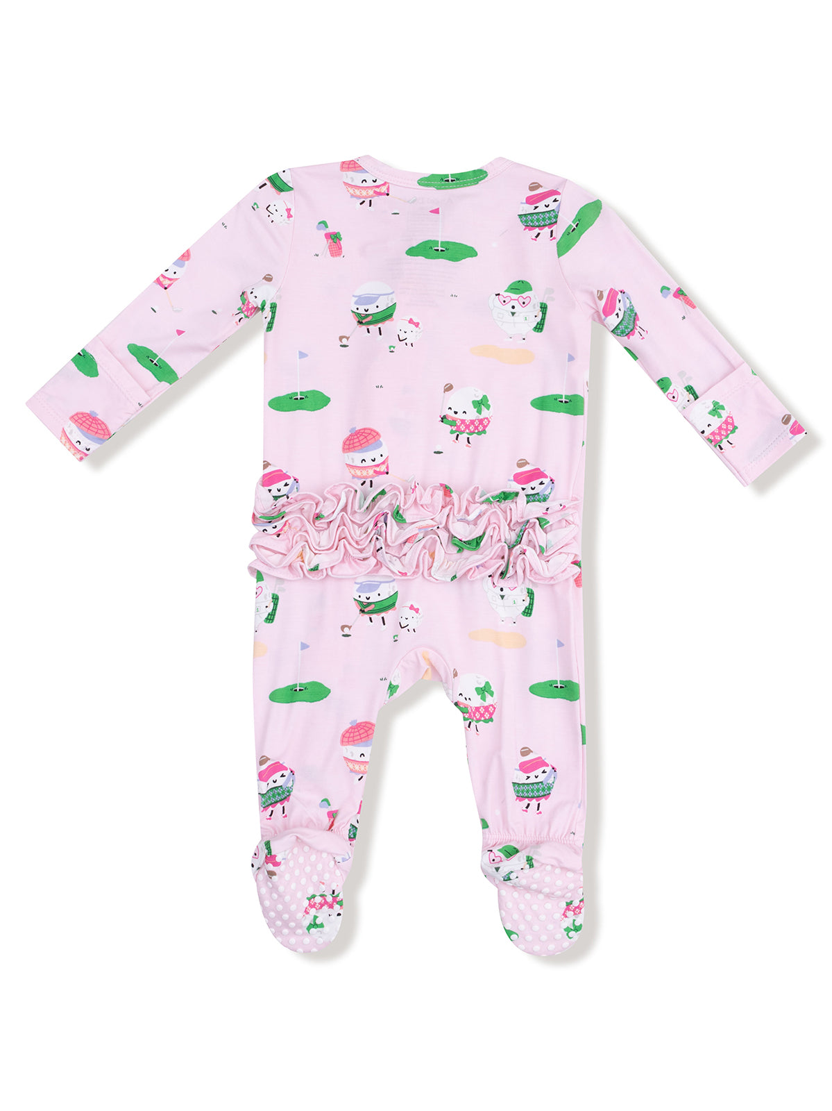 Pink baby romper with ice cream and golf motifs, featuring ruffled detail at the back and polka dot footed sleeves.
