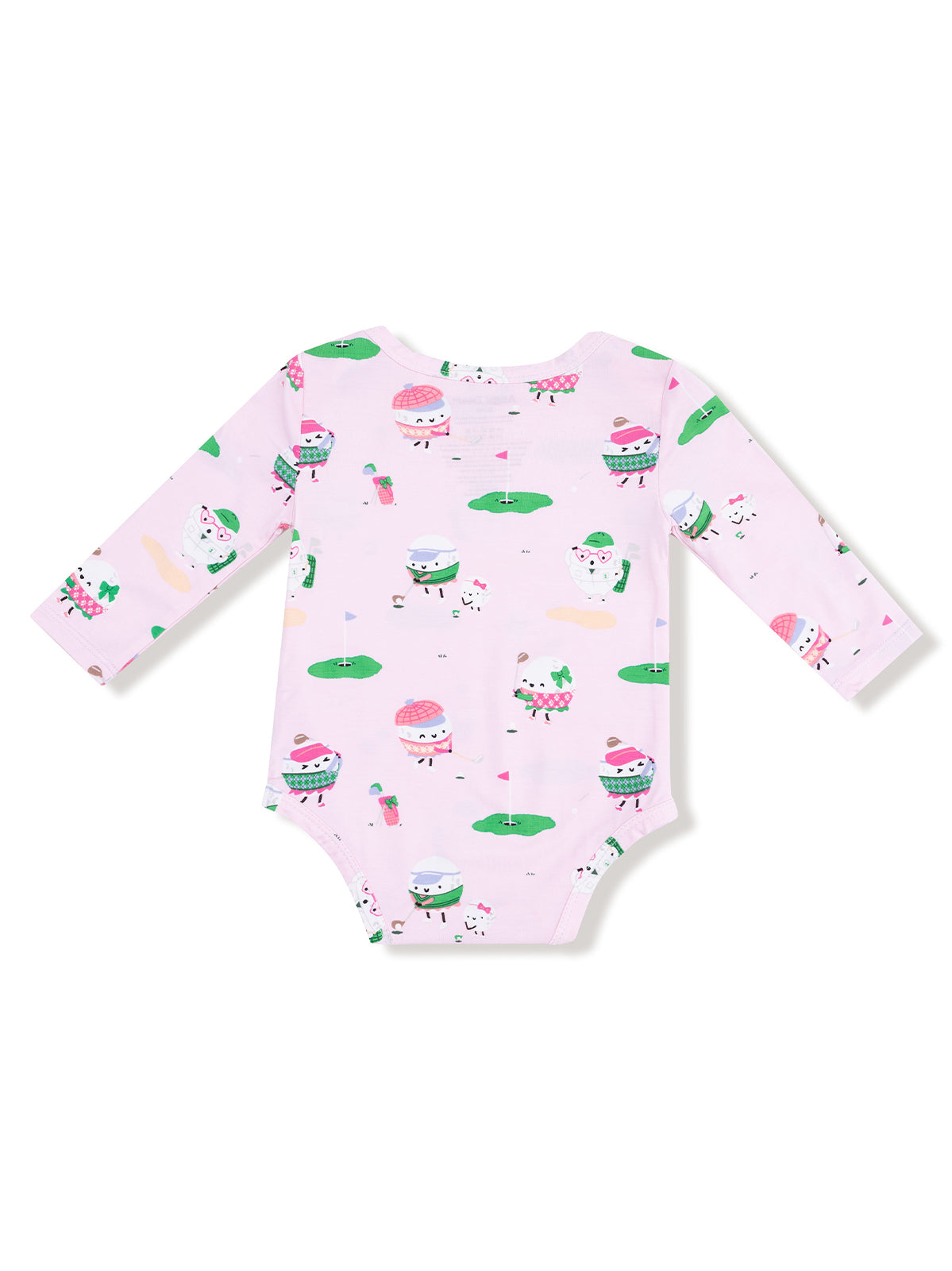 Pink baby onesie featuring playful cupcake and ice cream prints. Long sleeves and a back button closure.