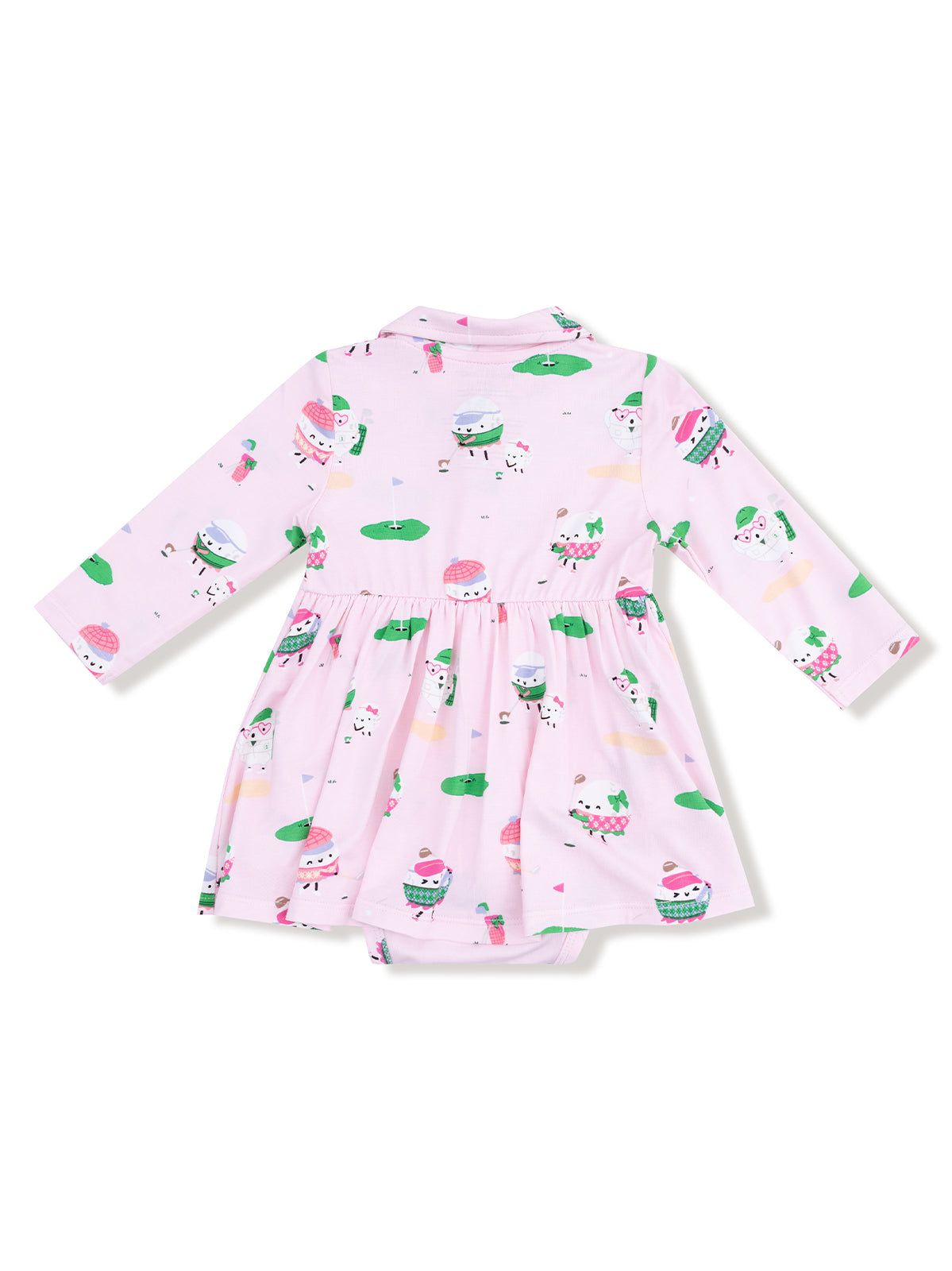 Pink dress with long sleeves, featuring playful cupcake and ice cream prints on a light background.