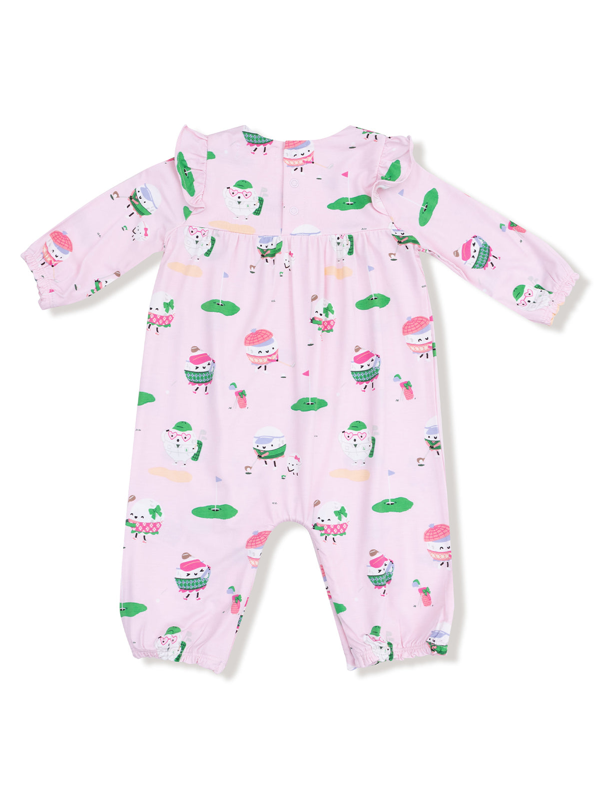 Light pink romper with playful ice cream and animal motifs, featuring long sleeves and a cinched waist.