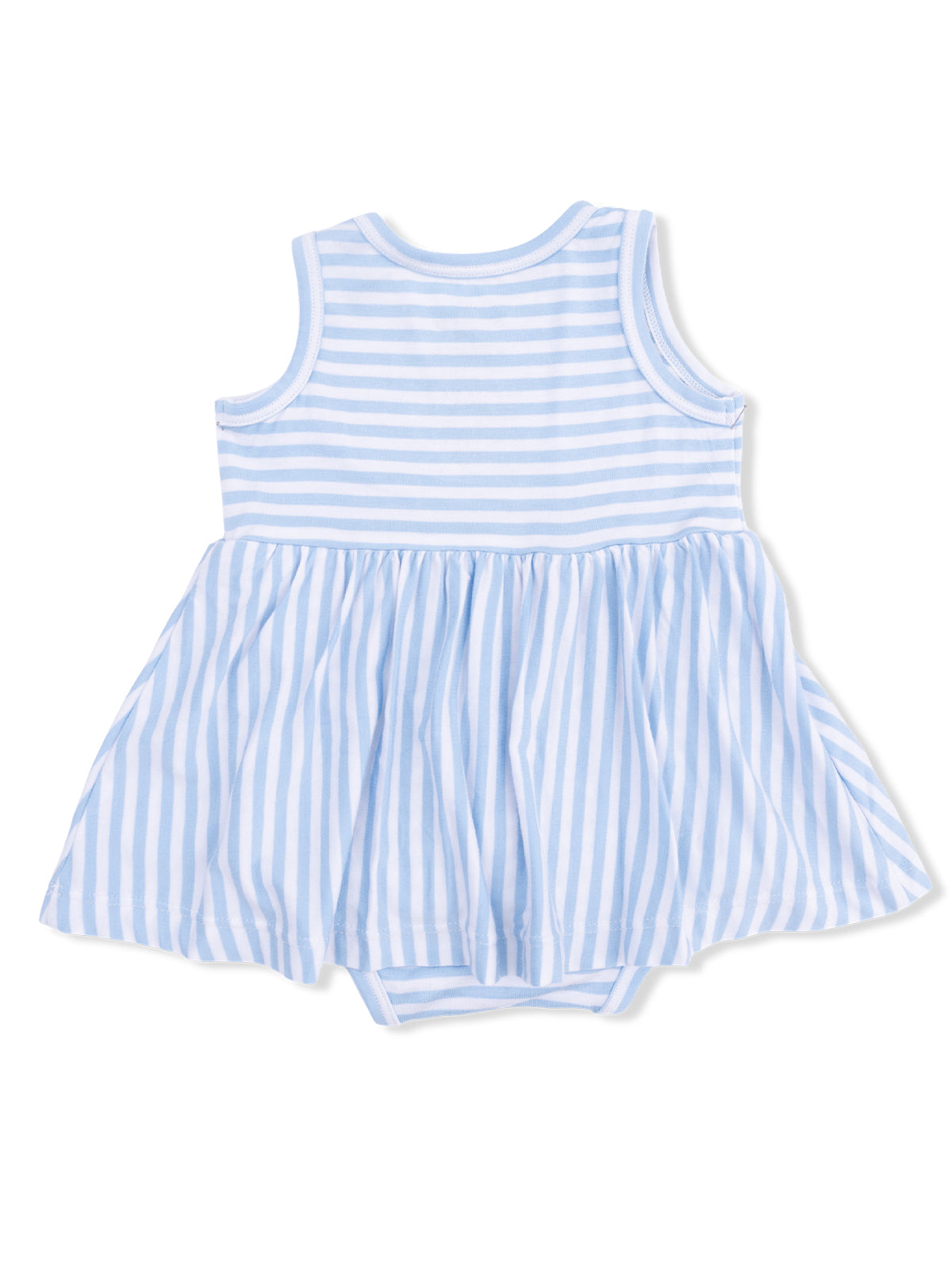 Light blue striped sleeveless dress with a flared skirt, designed for infants.
