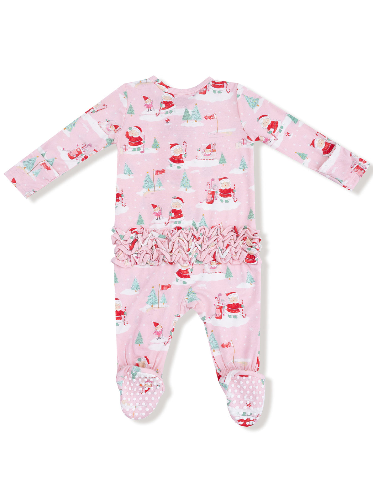 Pink baby onesie featuring Santa and Christmas trees with ruffled trim and polka dot feet. Perfect for the holidays.
