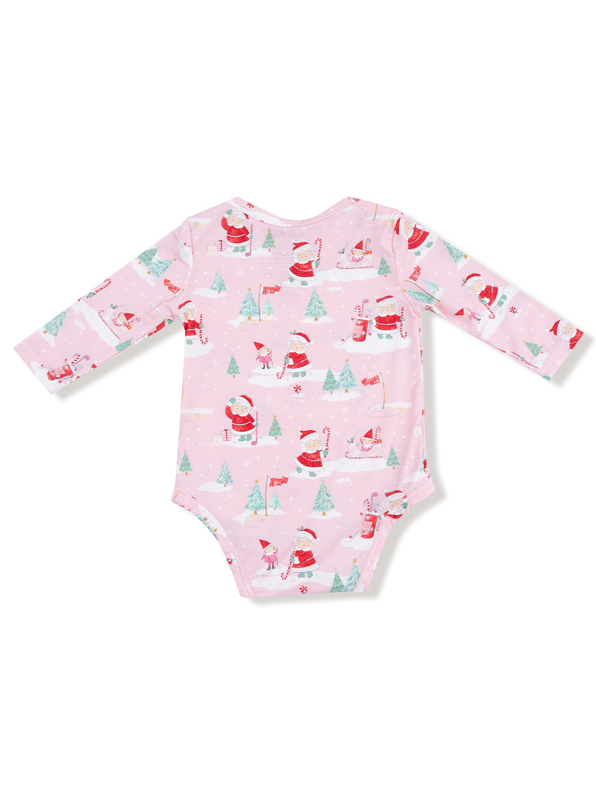 Pink baby onesie with festive Santa Claus and Christmas tree patterns. Ideal for holiday outfits.