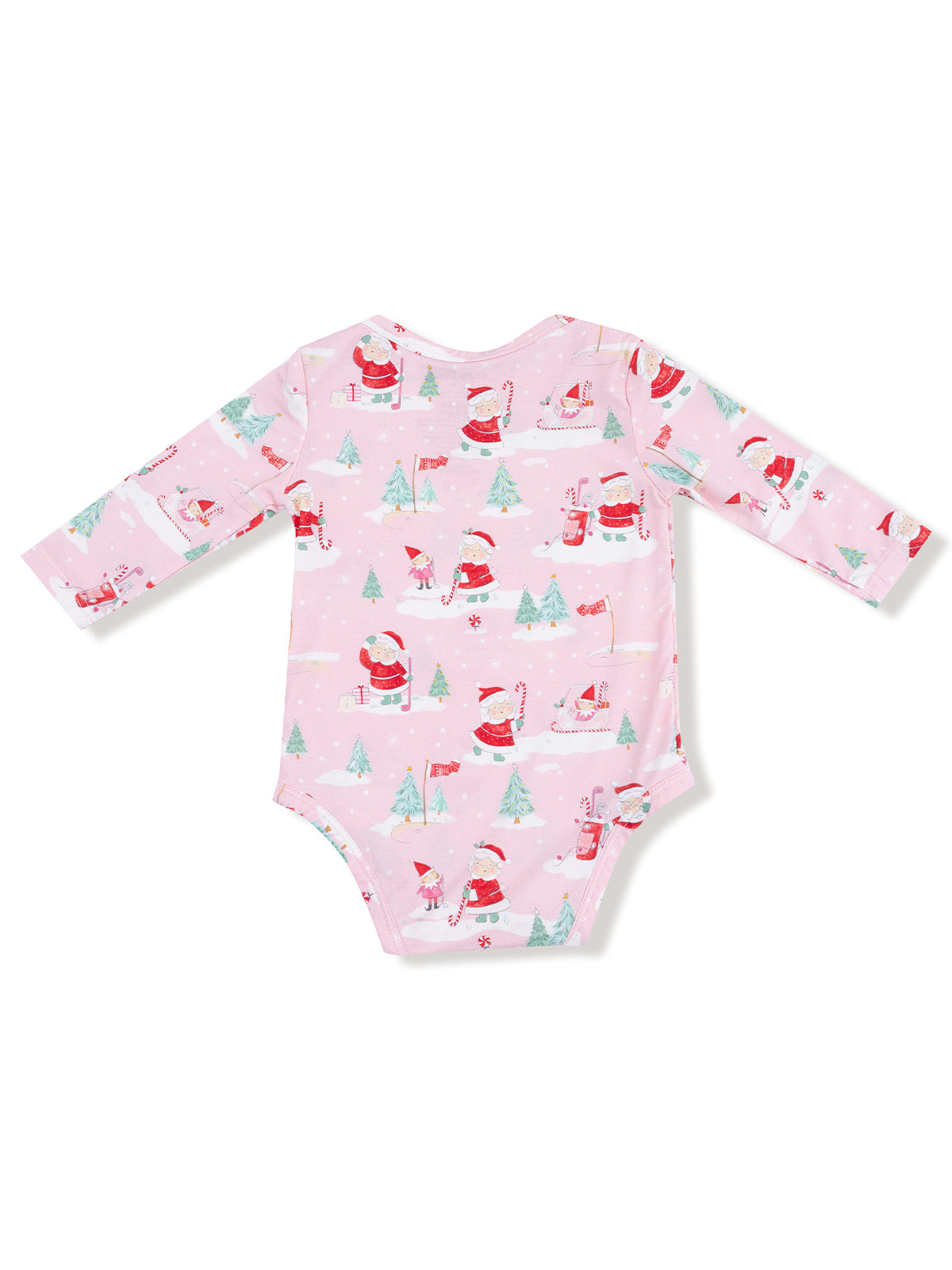 Pink baby onesie with festive Santa Claus and Christmas tree patterns. Ideal for holiday outfits.