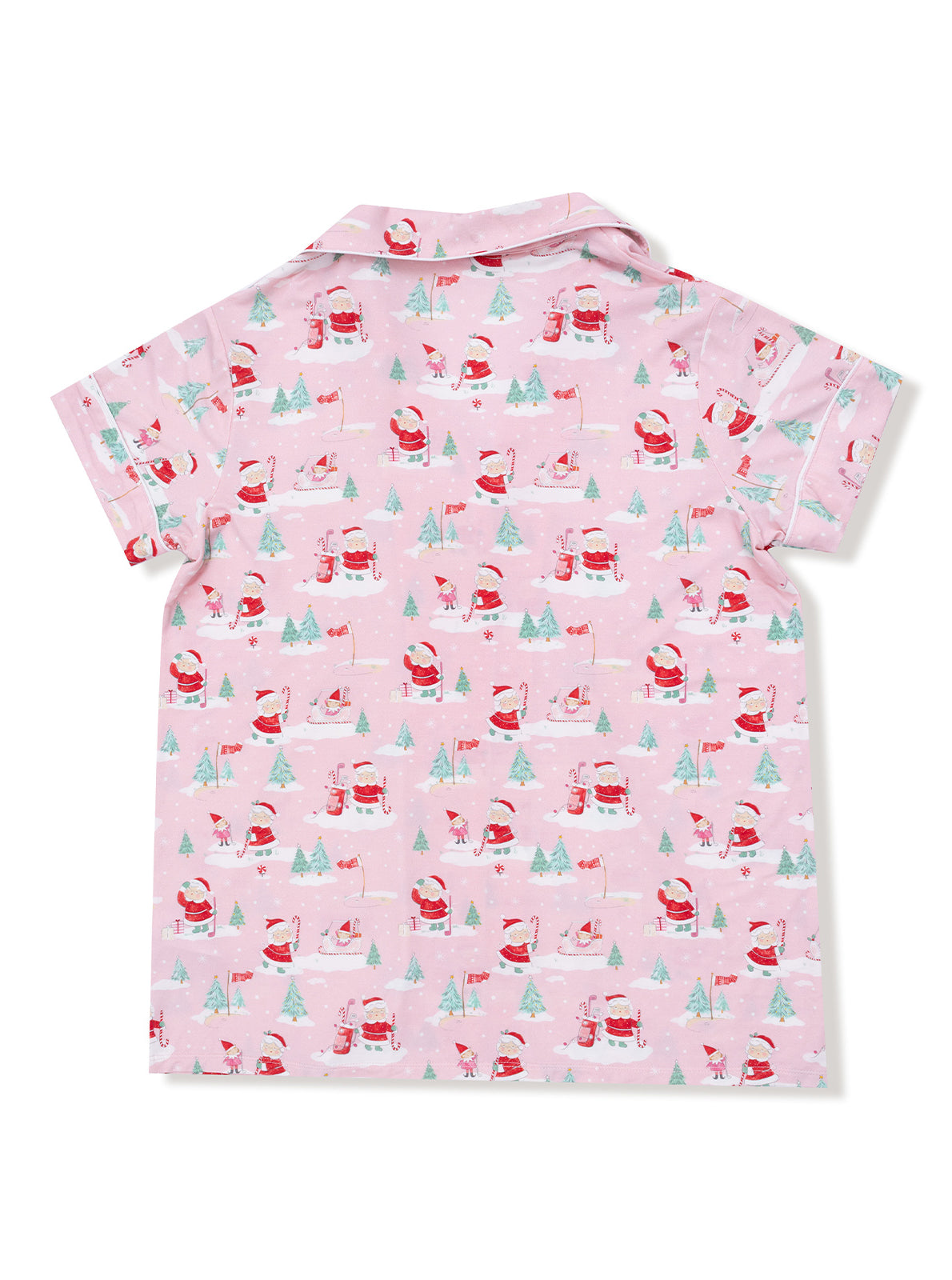 Pink short-sleeve shirt with a festive Santa and tree print, featuring a playful winter theme.