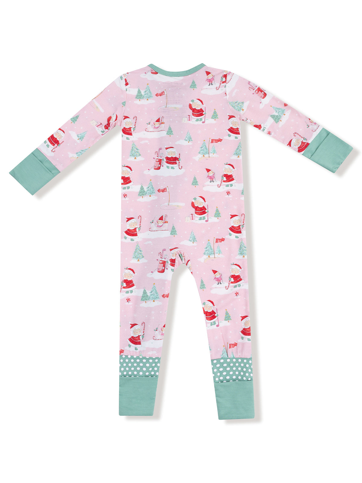 Pink children's pajamas with festive Santa and winter-themed designs on the back, featuring green cuffs.
