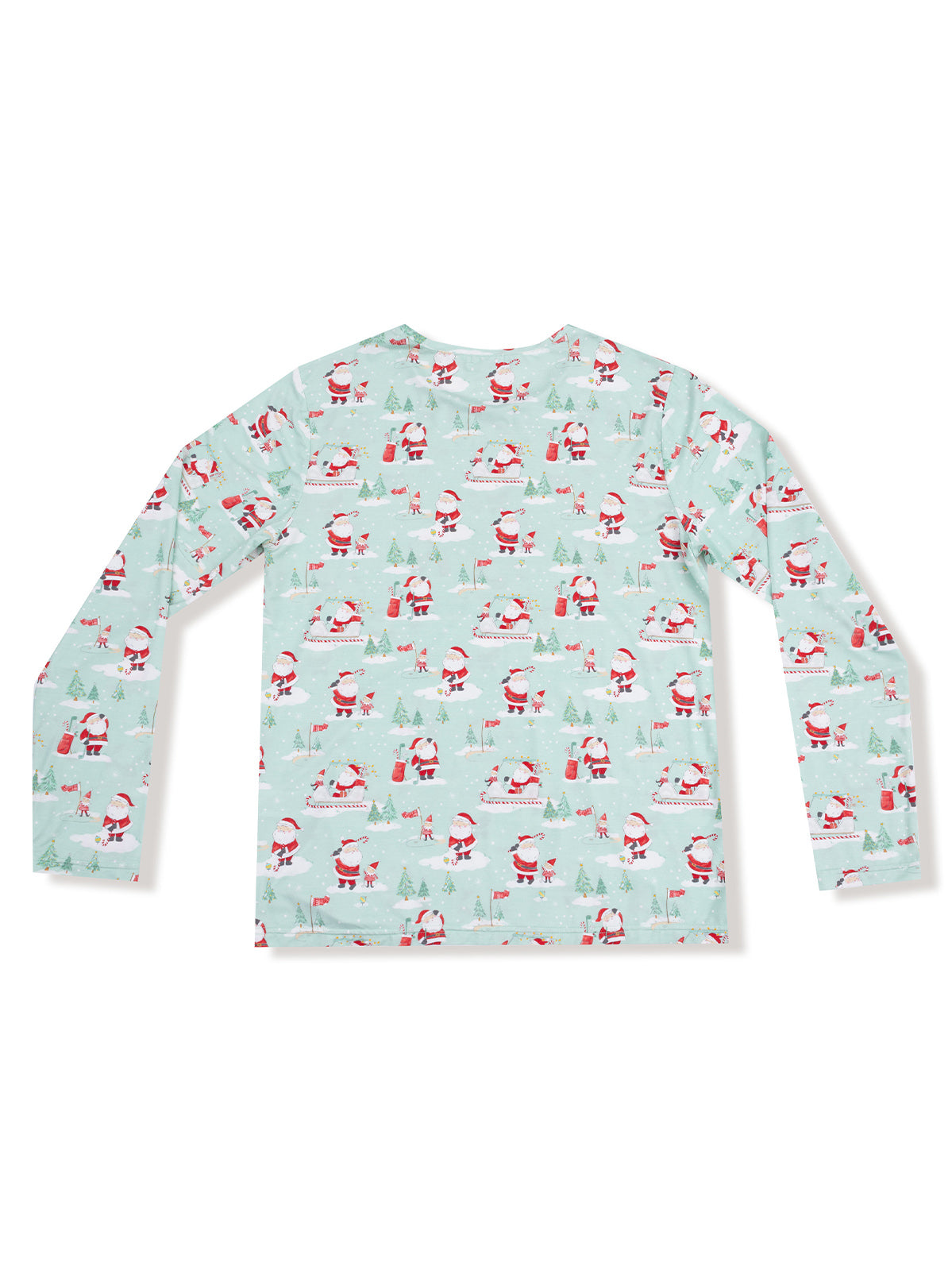 Light blue long-sleeve shirt featuring a Santa Claus and tree pattern throughout.
