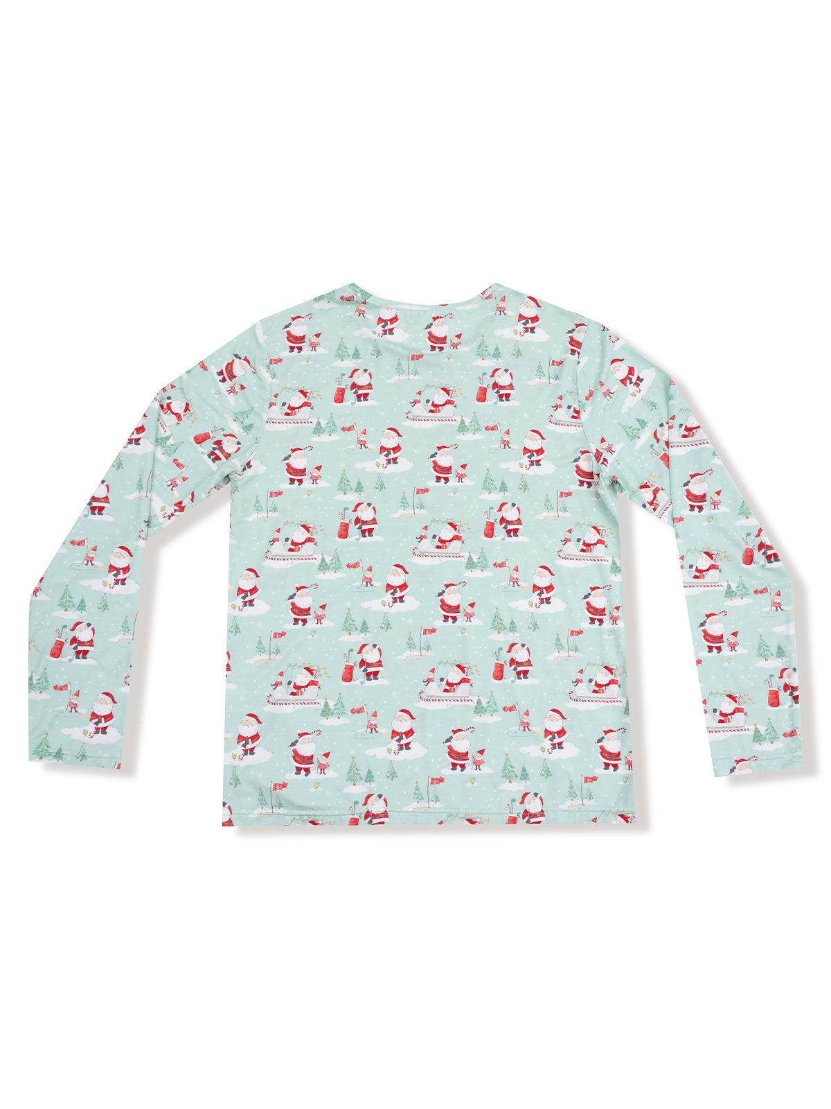 Light blue long-sleeve shirt featuring a Santa Claus and tree pattern throughout.