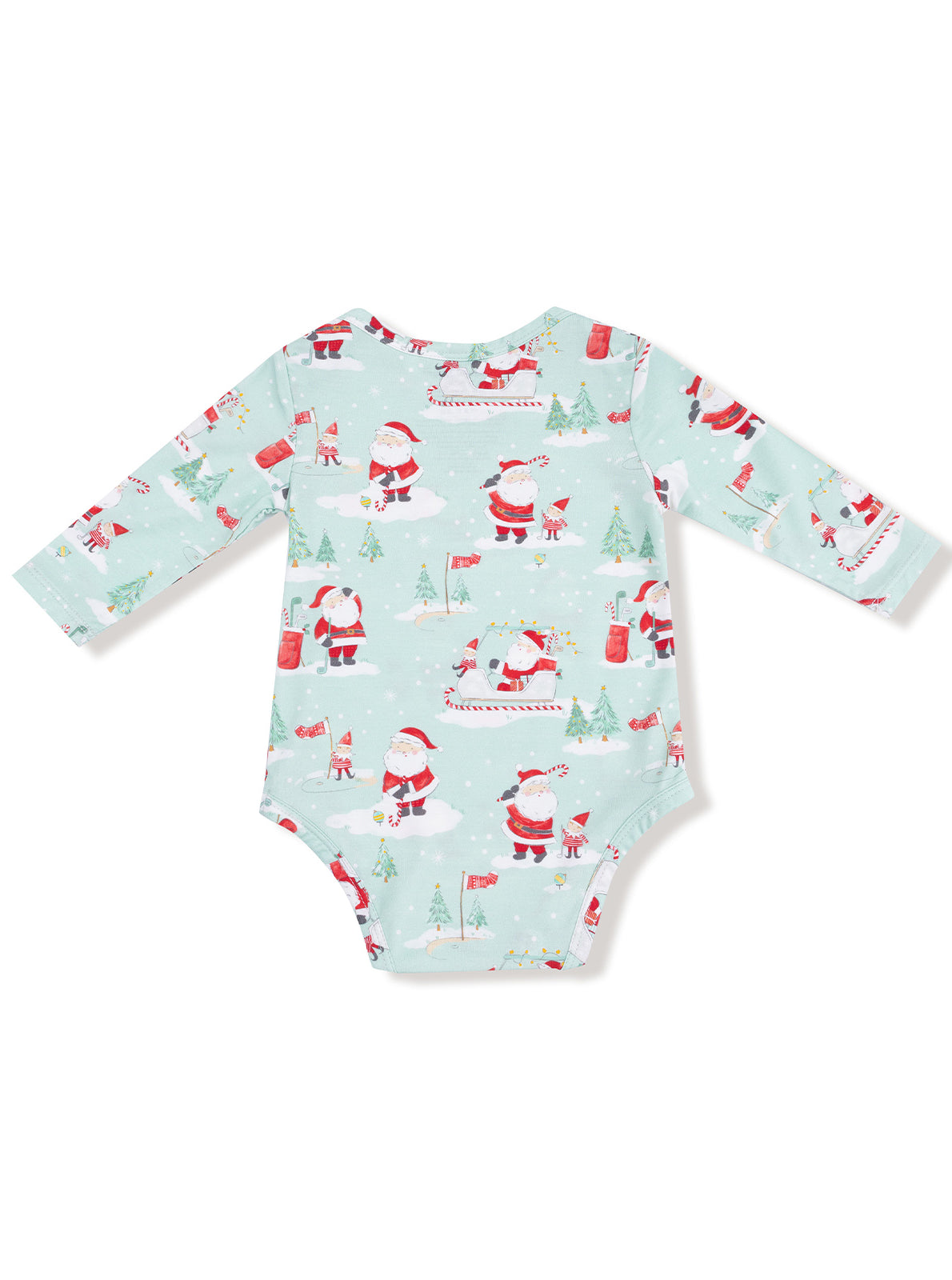 Mint green baby onesie featuring festive Santa Claus and winter-themed prints. Long sleeves, perfect for holidays.