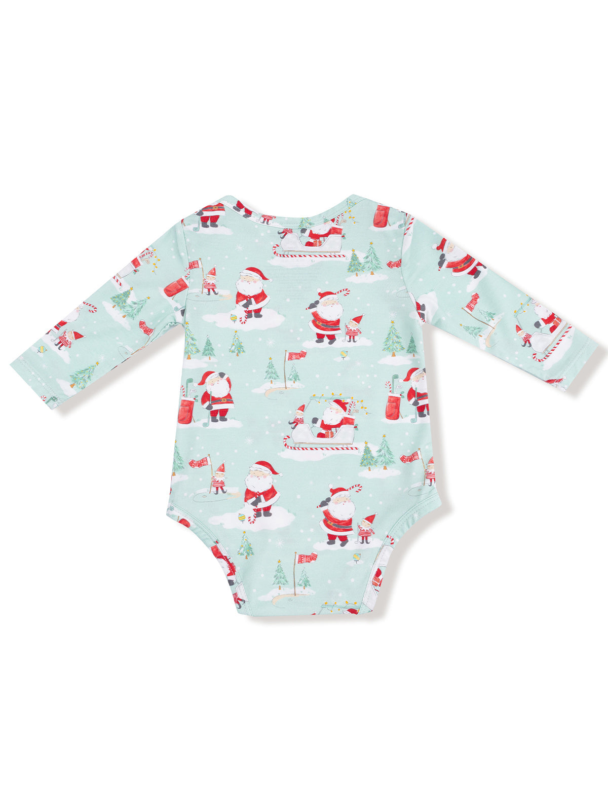 Mint green baby onesie featuring festive Santa Claus and winter-themed prints. Long sleeves, perfect for holidays.