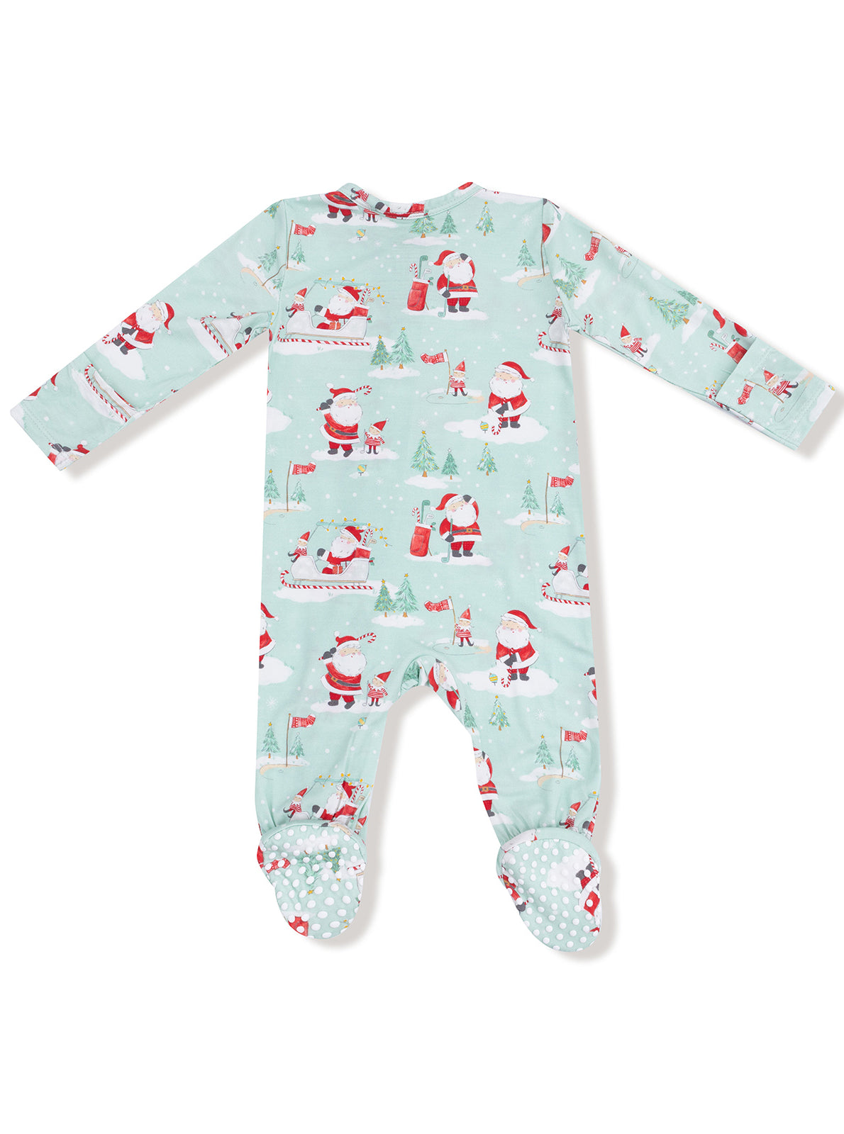 Santa-themed children's onesie in teal with festive print and polka dot footies.