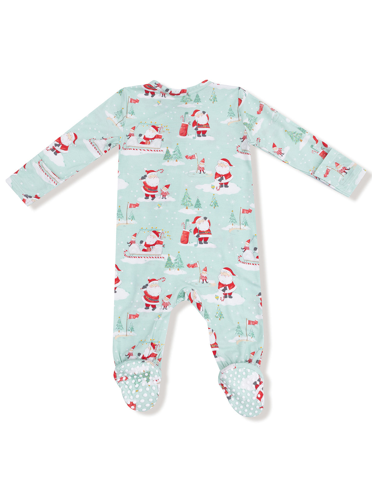 Santa-themed children's onesie in teal with festive print and polka dot footies.