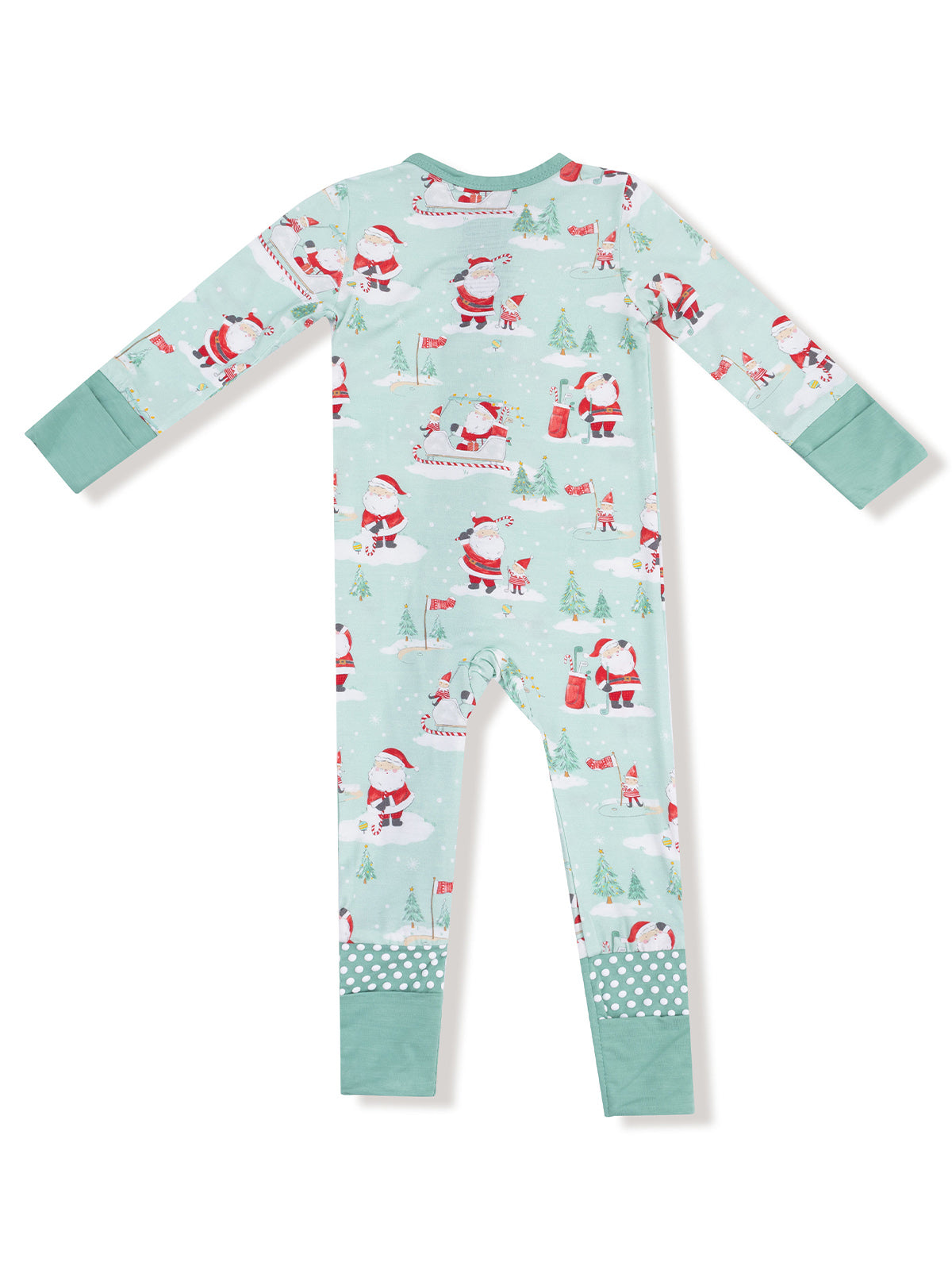 Child's holiday pajamas featuring playful Santa patterns on a light blue background.