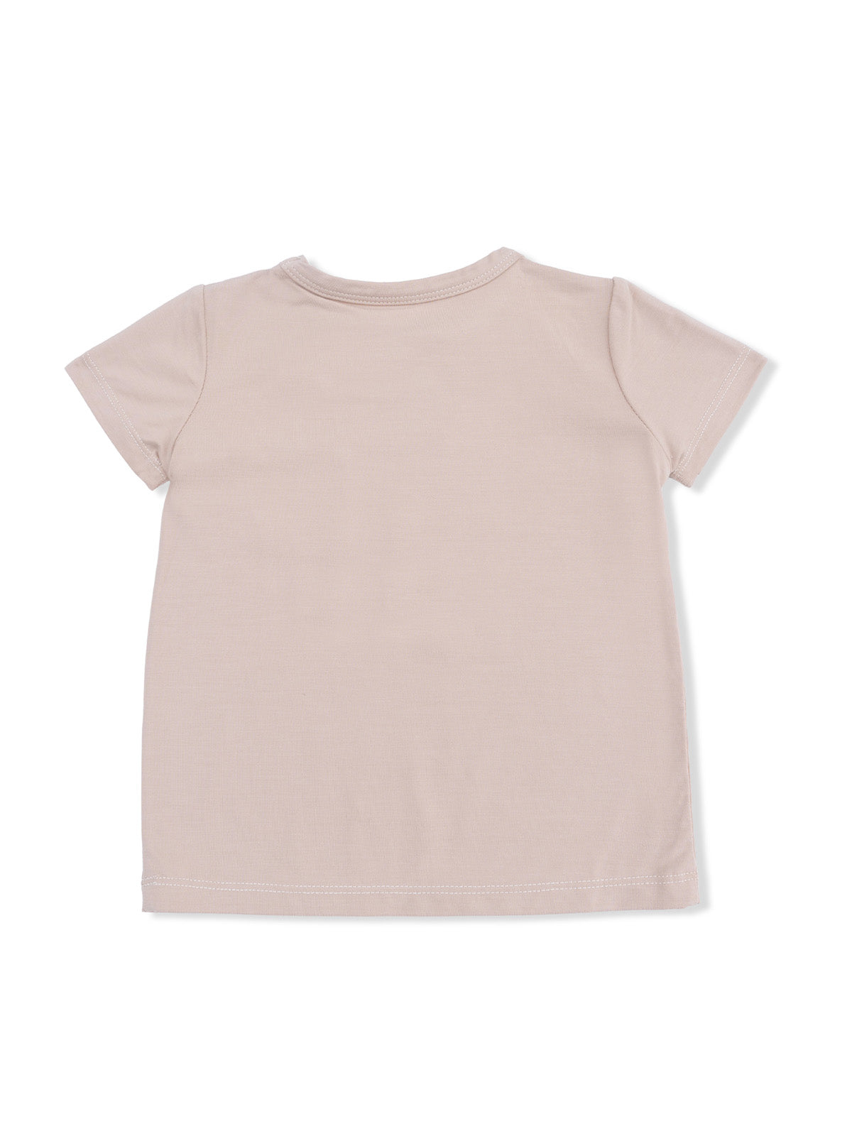 Light beige short-sleeve t-shirt viewed from the back, featuring a classic crew neckline and soft fabric.