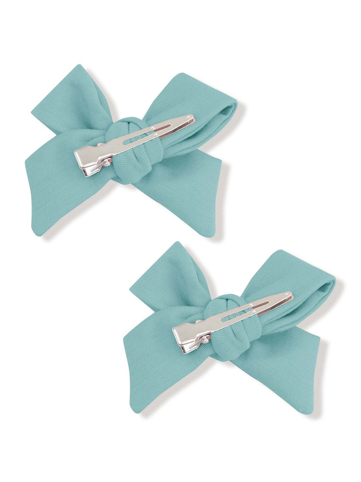 Two teal hair bows with silver clips, stylish and perfect for accessorizing hair.