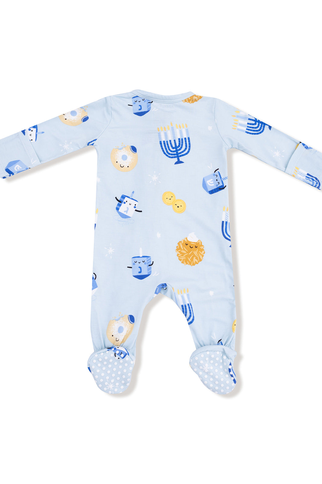 Light blue baby onesie featuring playful Hanukkah-themed patterns with dreidels and menorahs.