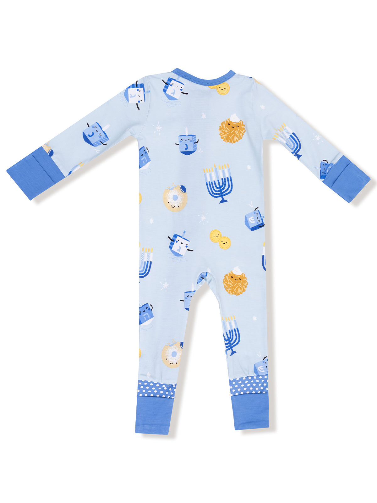 Light blue children's pajamas featuring festive patterns of menorahs, dreidels, and holiday treats.