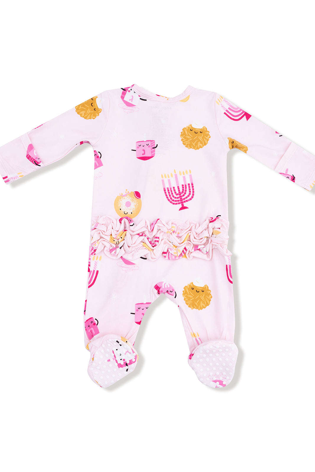 Pink baby romper featuring playful prints of menorahs, dreidels, and lion heads with ruffled detailing at the waist.