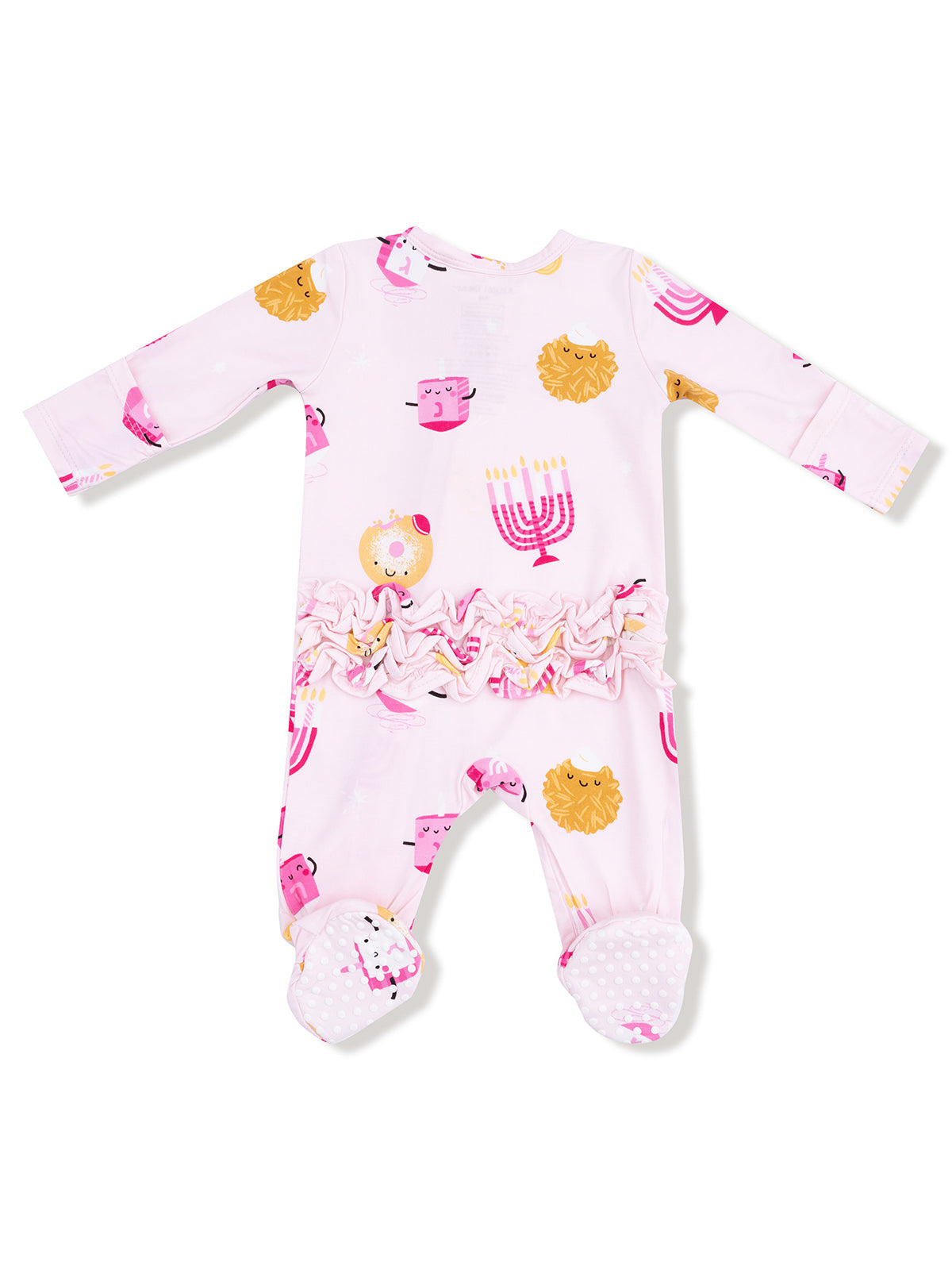 Pink baby romper featuring playful prints of menorahs, dreidels, and lion heads with ruffled detailing at the waist.