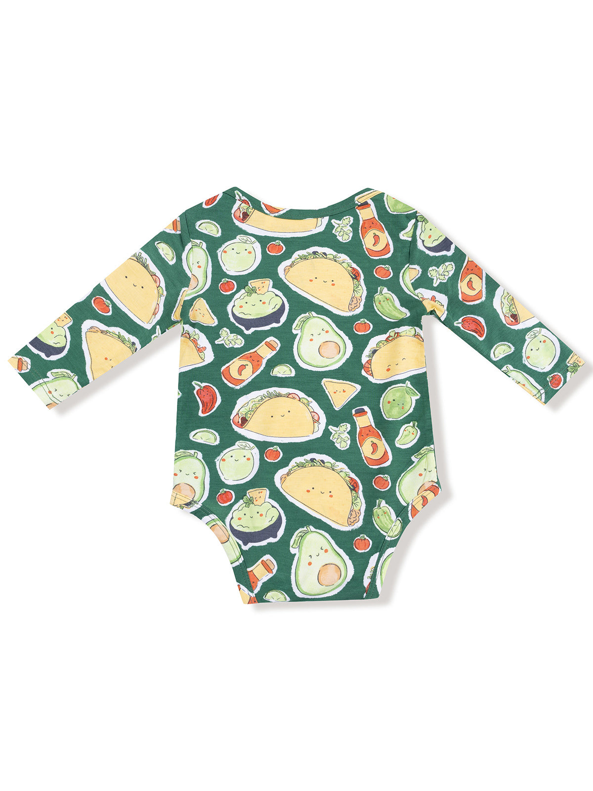 Cute long-sleeve onesie featuring colorful food illustrations like tacos, avocados, and tomatoes on a green background.