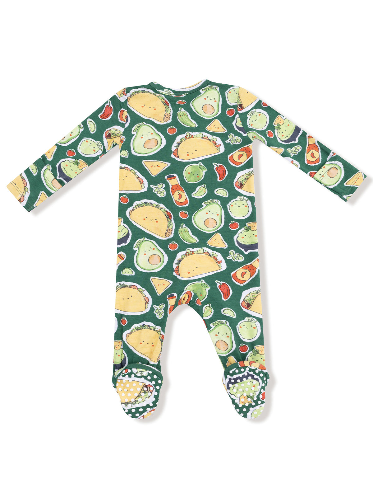 Long-sleeve toddler onesie featuring a fun pattern of tacos, avocados, and other colorful food items.