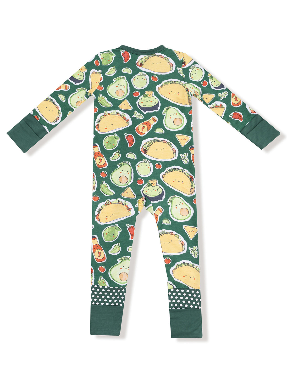 Child's green pajama suit featuring playful food illustrations like tacos, avocados, and tomatoes on a soft fabric.
