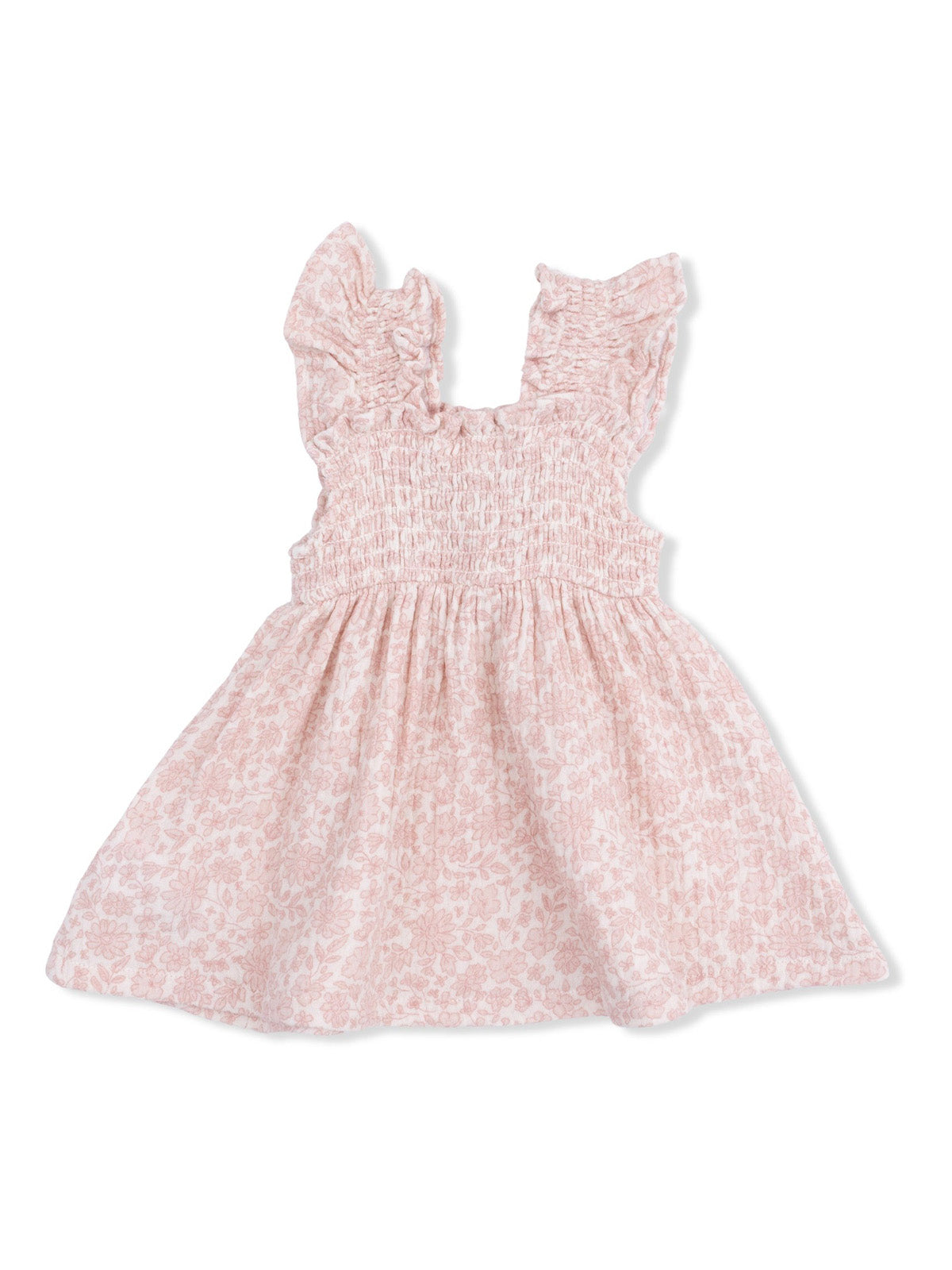 Light pink floral dress with ruffled sleeves and a smocked bodice. Perfect for summer occasions.