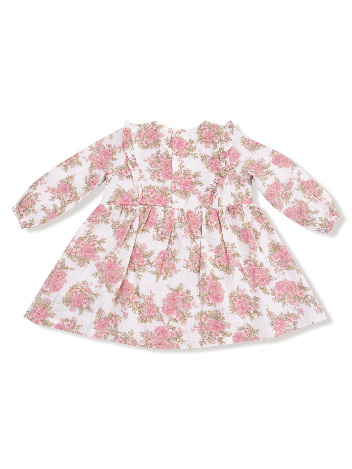 Floral-patterned toddler dress with long sleeves and ruffled neckline, featuring pink roses on a white background.