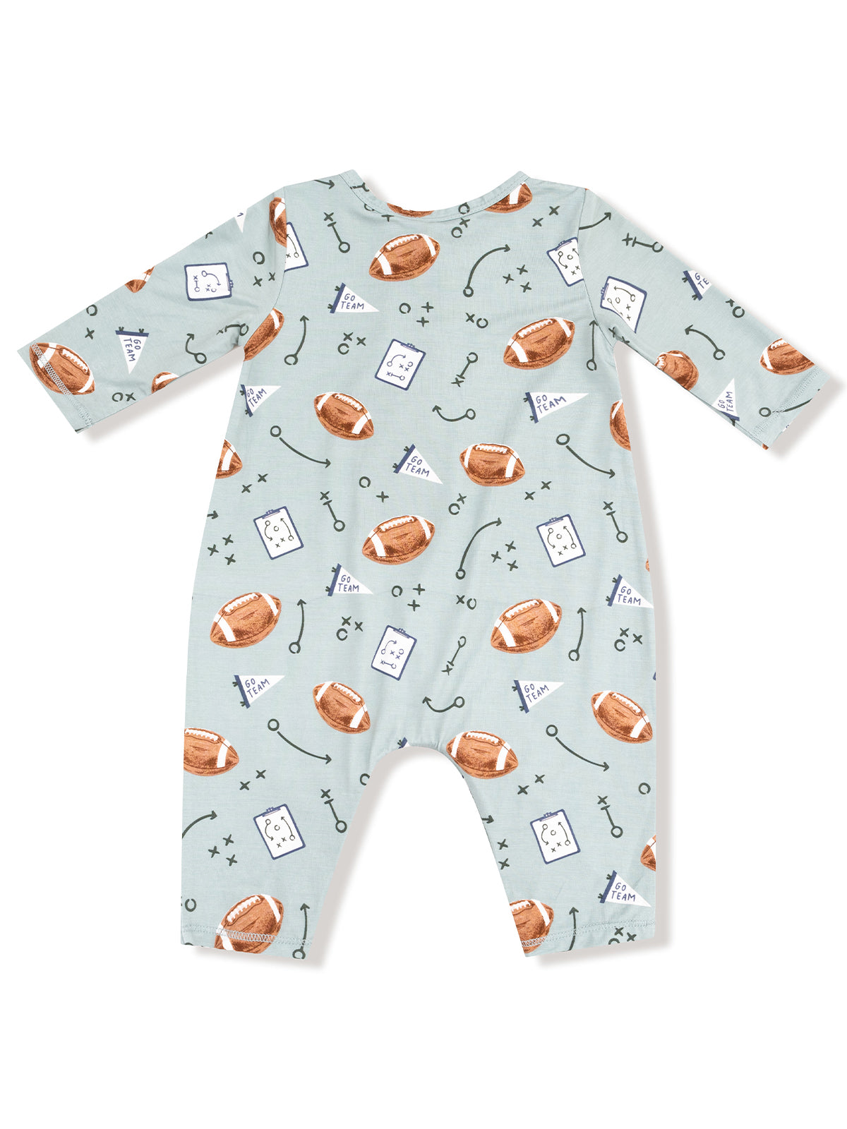 Light blue baby onesie featuring a playful football design with patterns of footballs, plays, and team phrases.