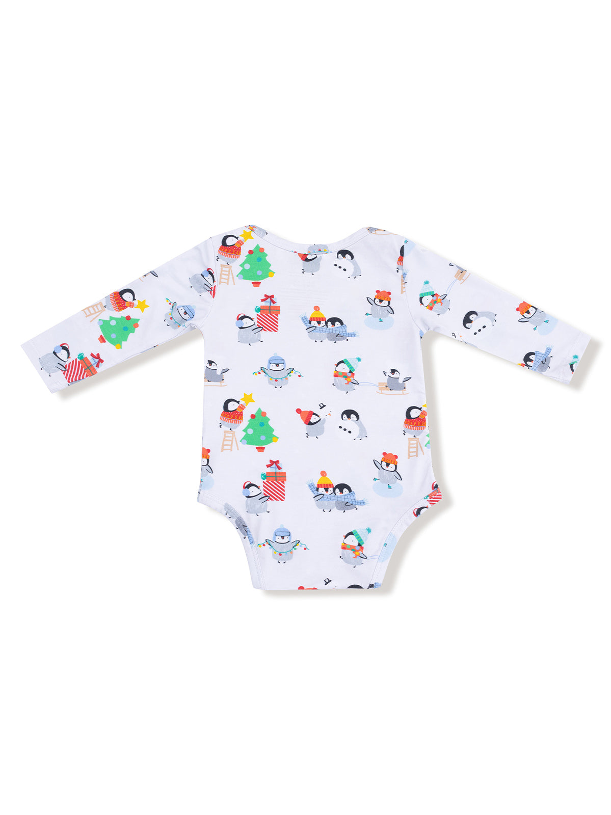 Baby bodysuit with long sleeves featuring playful penguin and holiday-themed prints.