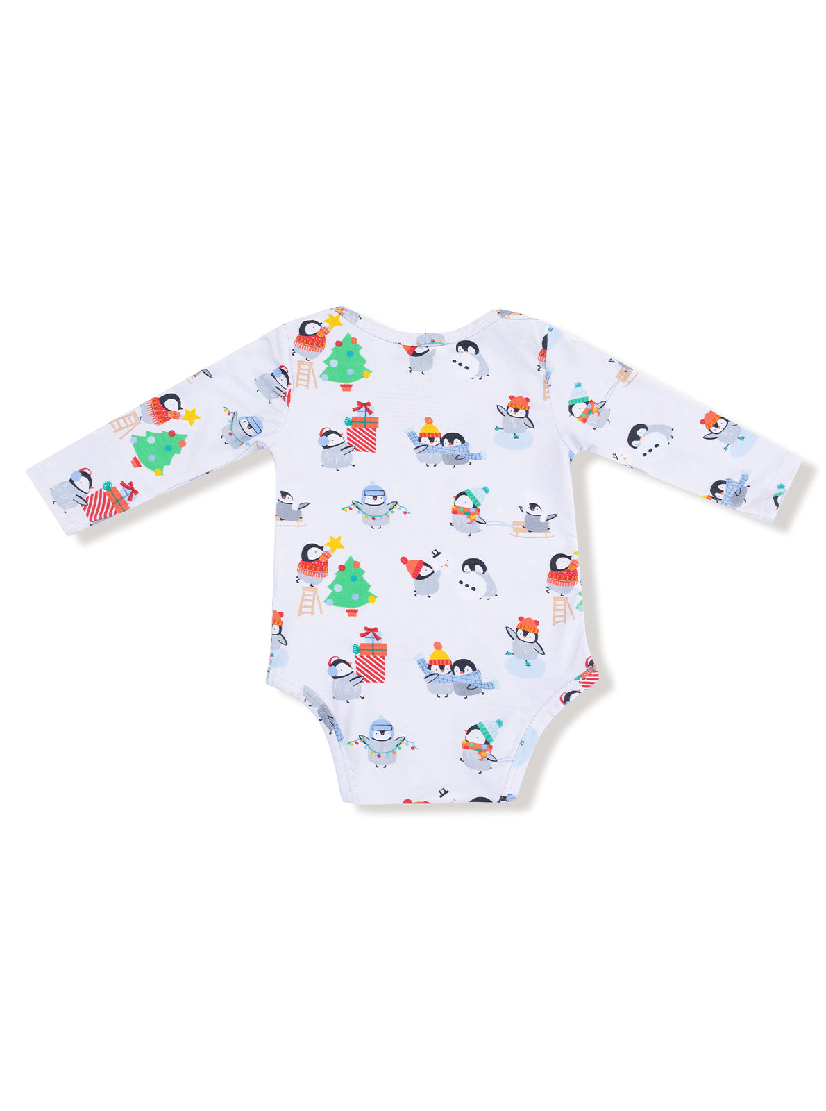 Baby bodysuit with long sleeves featuring playful penguin and holiday-themed prints.